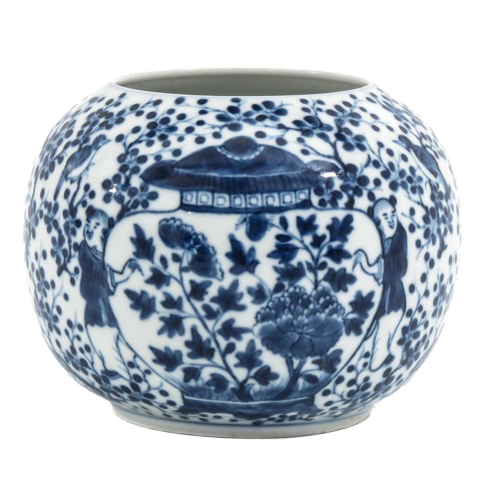 A Small Blue and White Vase: Decorated with scholars in a garden landscape amidst flowering branches, Kangxi mark, 12 cm tall, hairline.