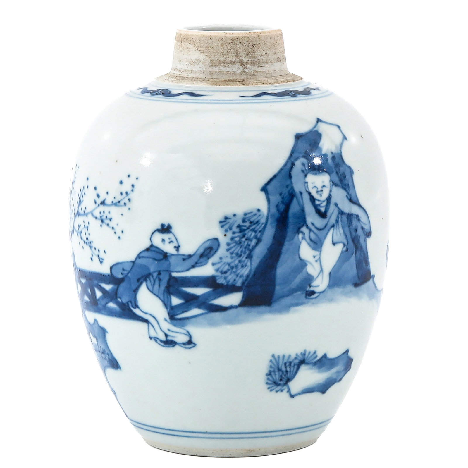 A Blue and White Tea Box: Decorated with a continuous scene of figures in a landscape with pine and fence elements, 15 cm tall.