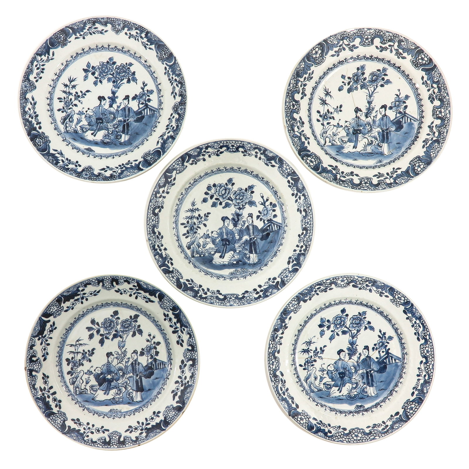 A Series of 5 Blue and White Plates: Depicting a scene with ladies in a garden, ca. 1800, 28 cm in diameter, chip and hairline.