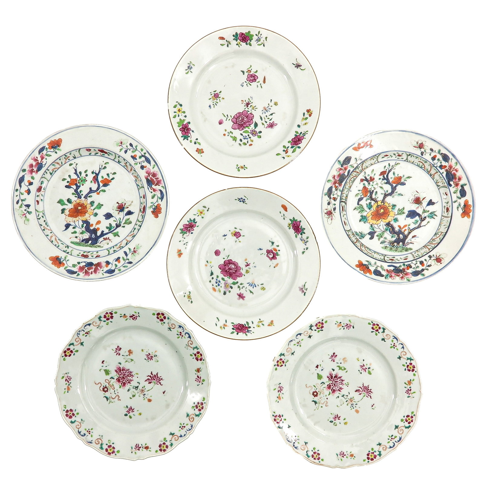 A Group of Famille Rose Plates: 3 pair of Imari Plates, including 18th Century, 23 cm in diameter, chip and hairline.