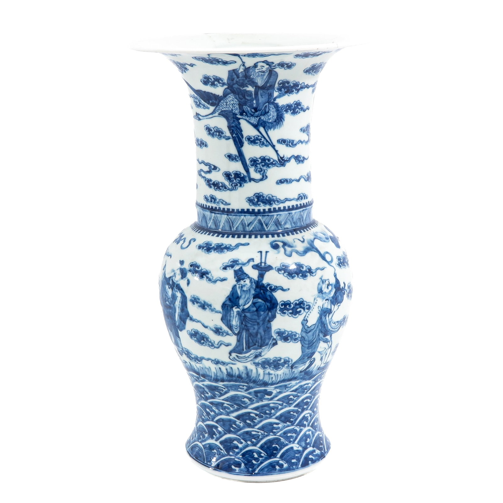 A Blue and White Vase: Decorated with immortals amongst clouds above stylized waves, Kangxi mark, 43 cm tall, chip and hairline.