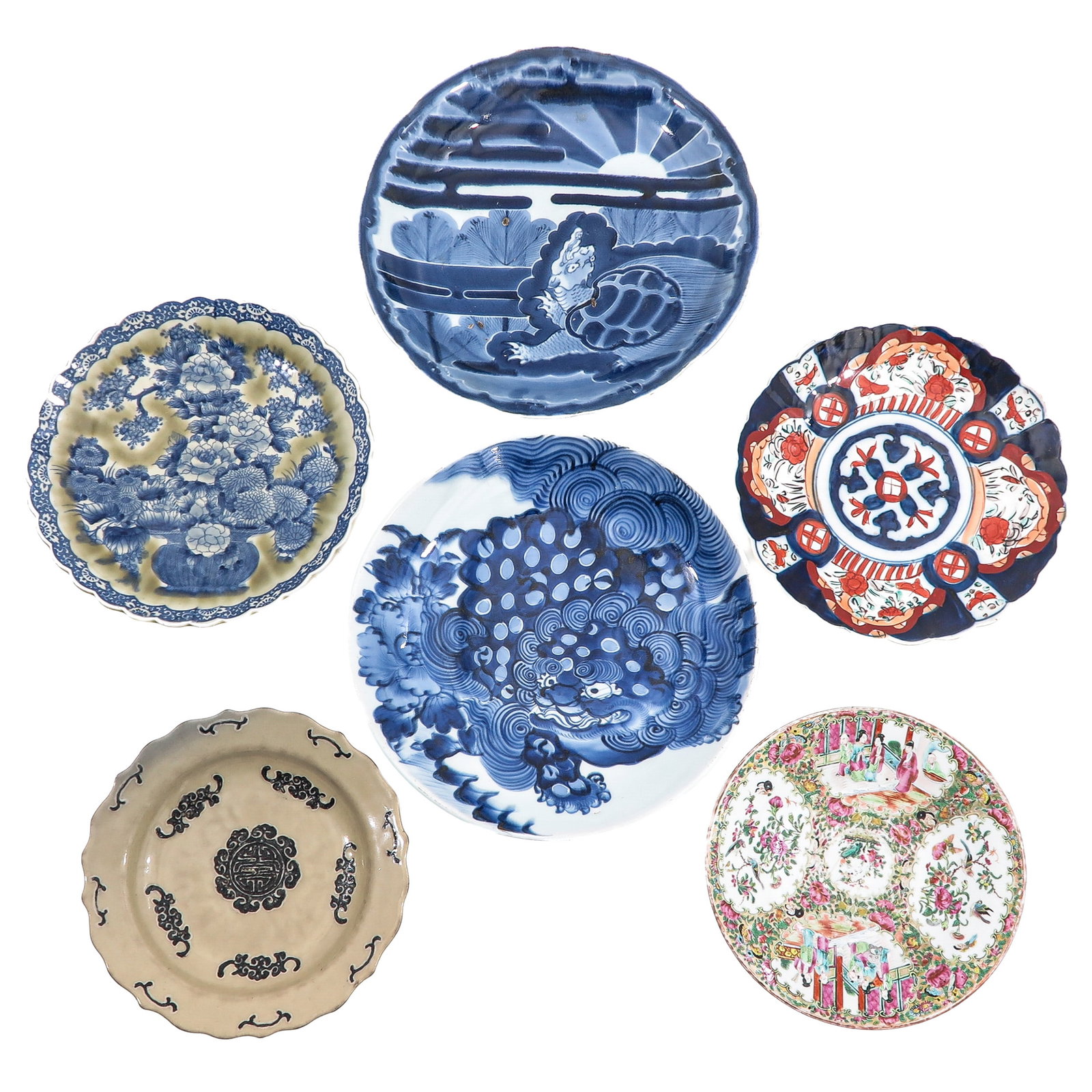 A Diverse Group of Porcelain: Including 6 plates, in a variety of sizes and decors, largest plate is 37 cm, chip and hairline.