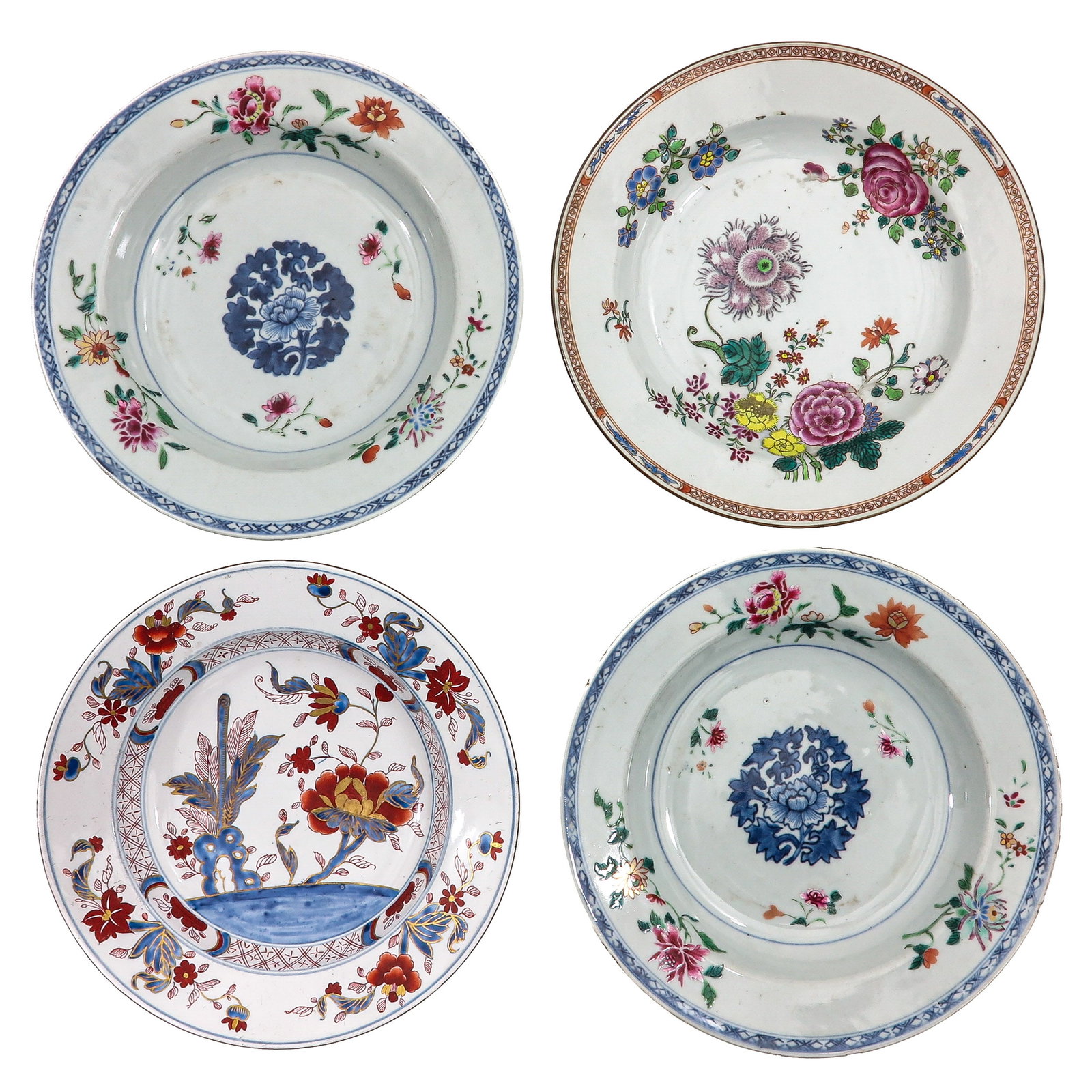 A Group of 4 Famille Rose Plates: Floral decors, including 18th Century, largest plates are 23 cm in diameter, chip and hairline.