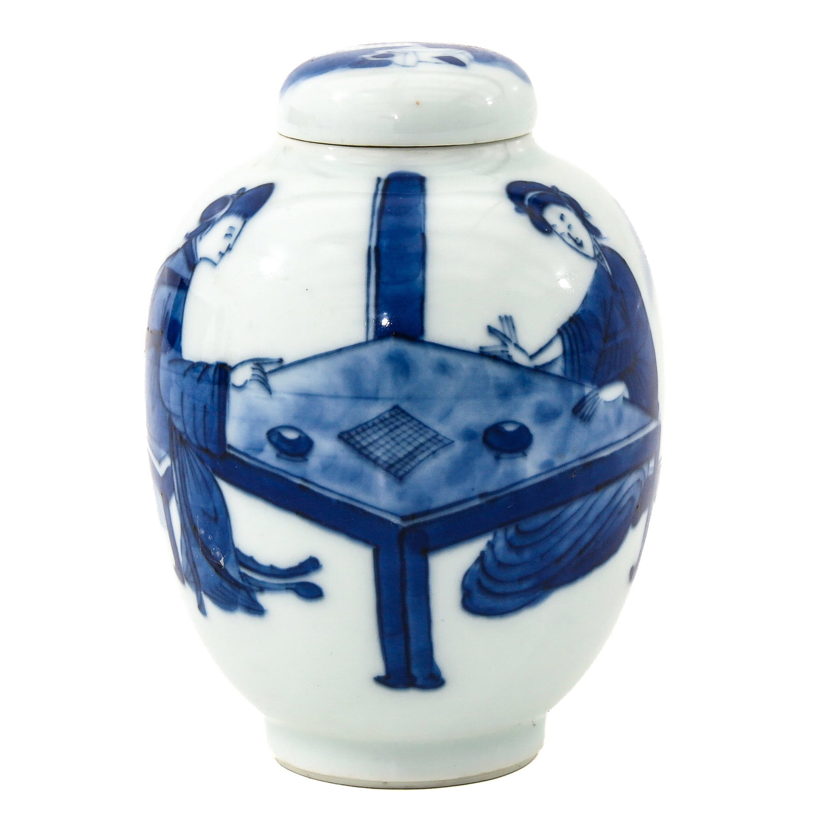 A Blue and White Covered Tea Caddy: Depicting ladies playing board games in a garden setting, 12 cm