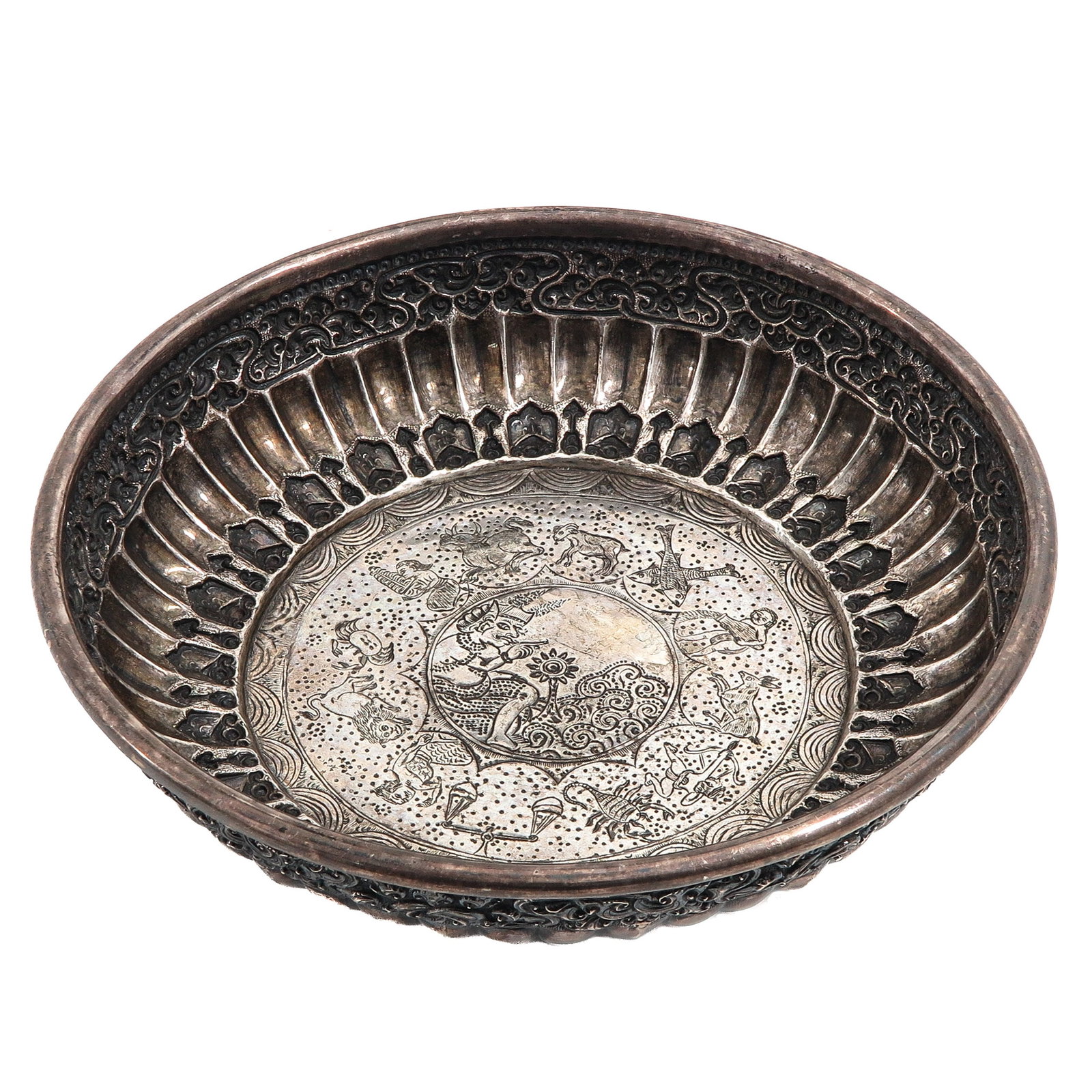 Burmese Silver Bowl: Depicting scenes of Burmese figures and animals, 800/1000 silver, 23 cm in diameter.