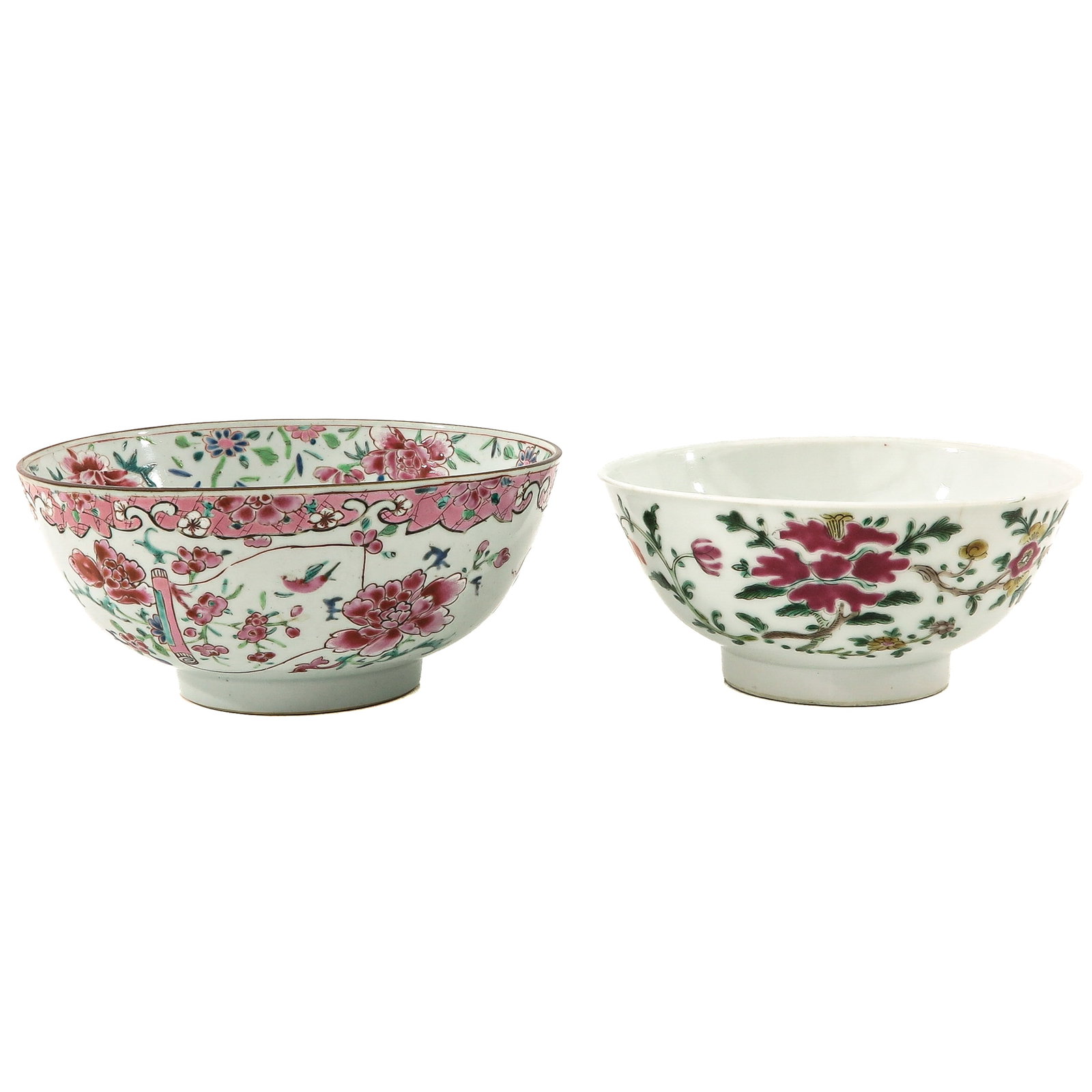 A Lot of 2 Famille Rose Bowls: One decorated with floral sprays and diaper border, the other with floral decoration, including 18th Century, largest bowl is 19 cm