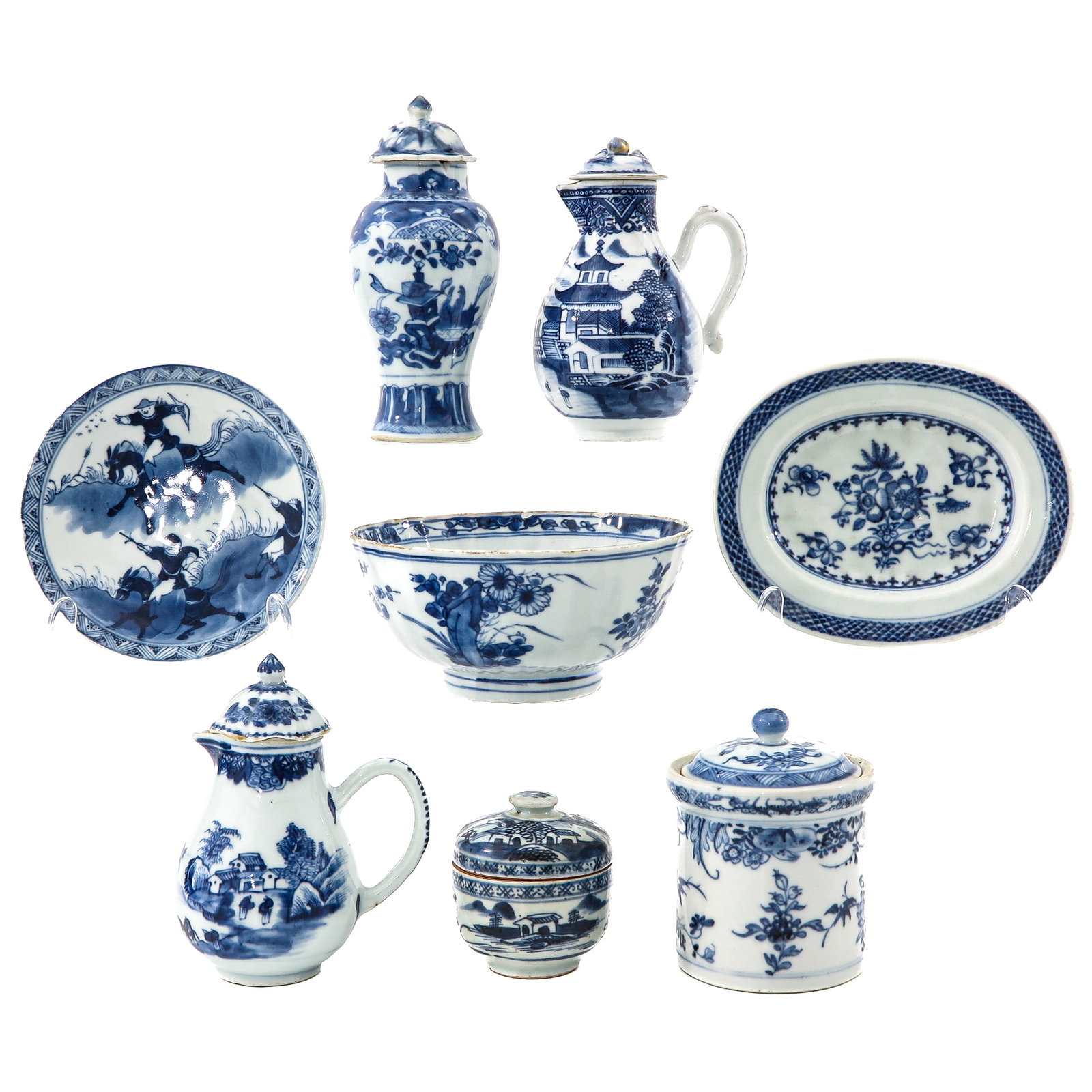 A Group of Porcelain: A variety of items in various blue and white decors, including 18th Century, in diverse conditions.