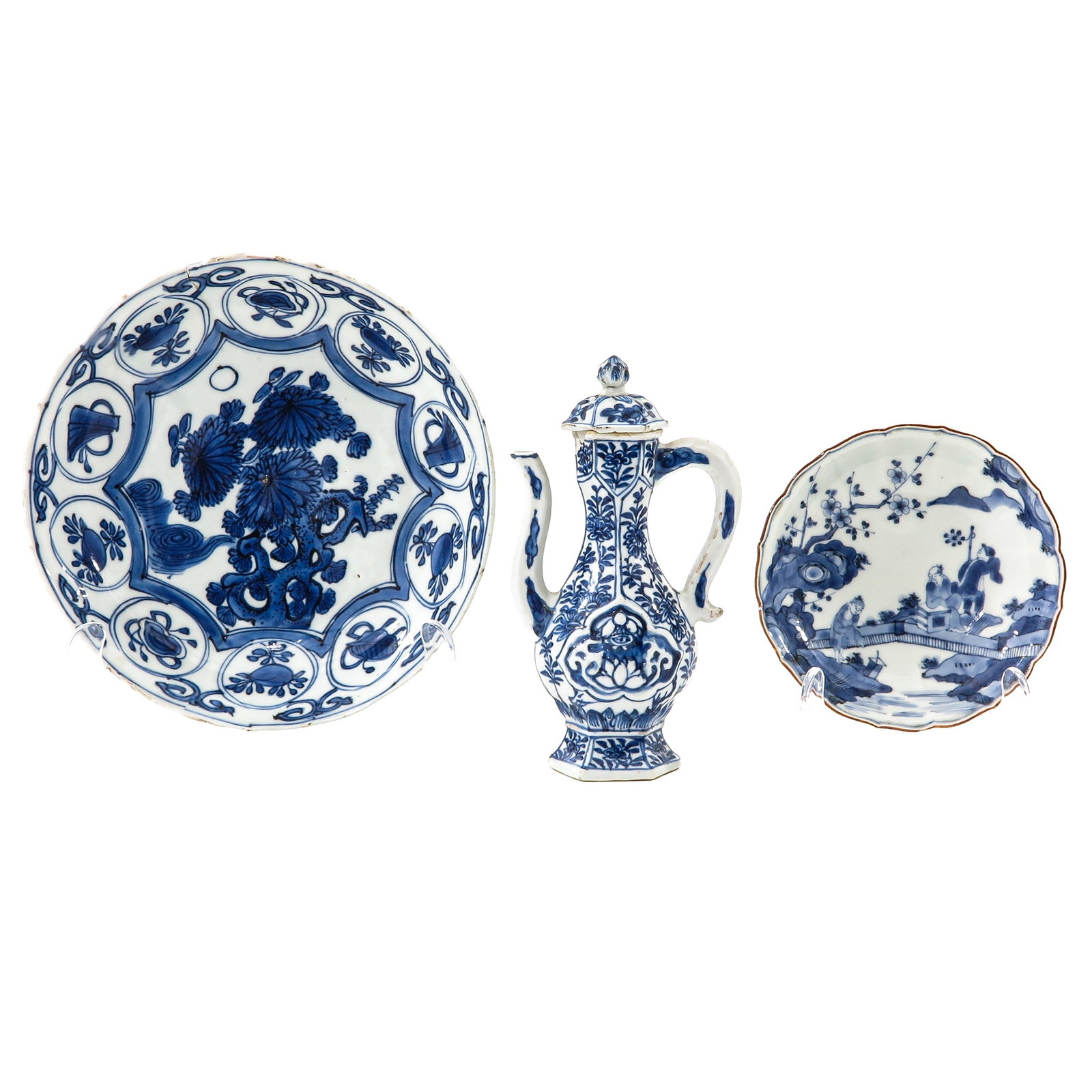 A Group of Porcelain: Including a small blue and white cruet, floral decor plate and small kakimon dish 13 cm in diameter depicting a scene in a garden, in diverse conditions.