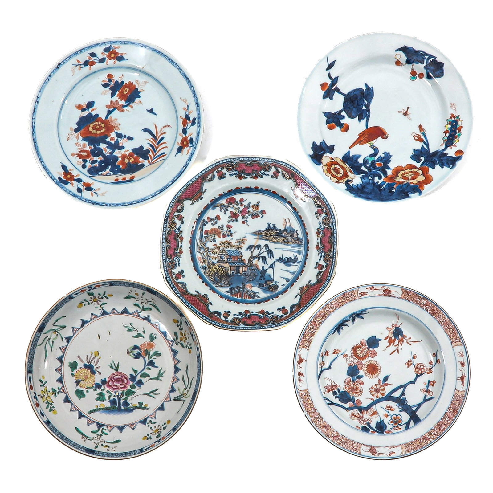 A Group of 5 Plates: In a variety of decors including Doucai, including 18th Century, 23 cm in diameter, chip and hairline.