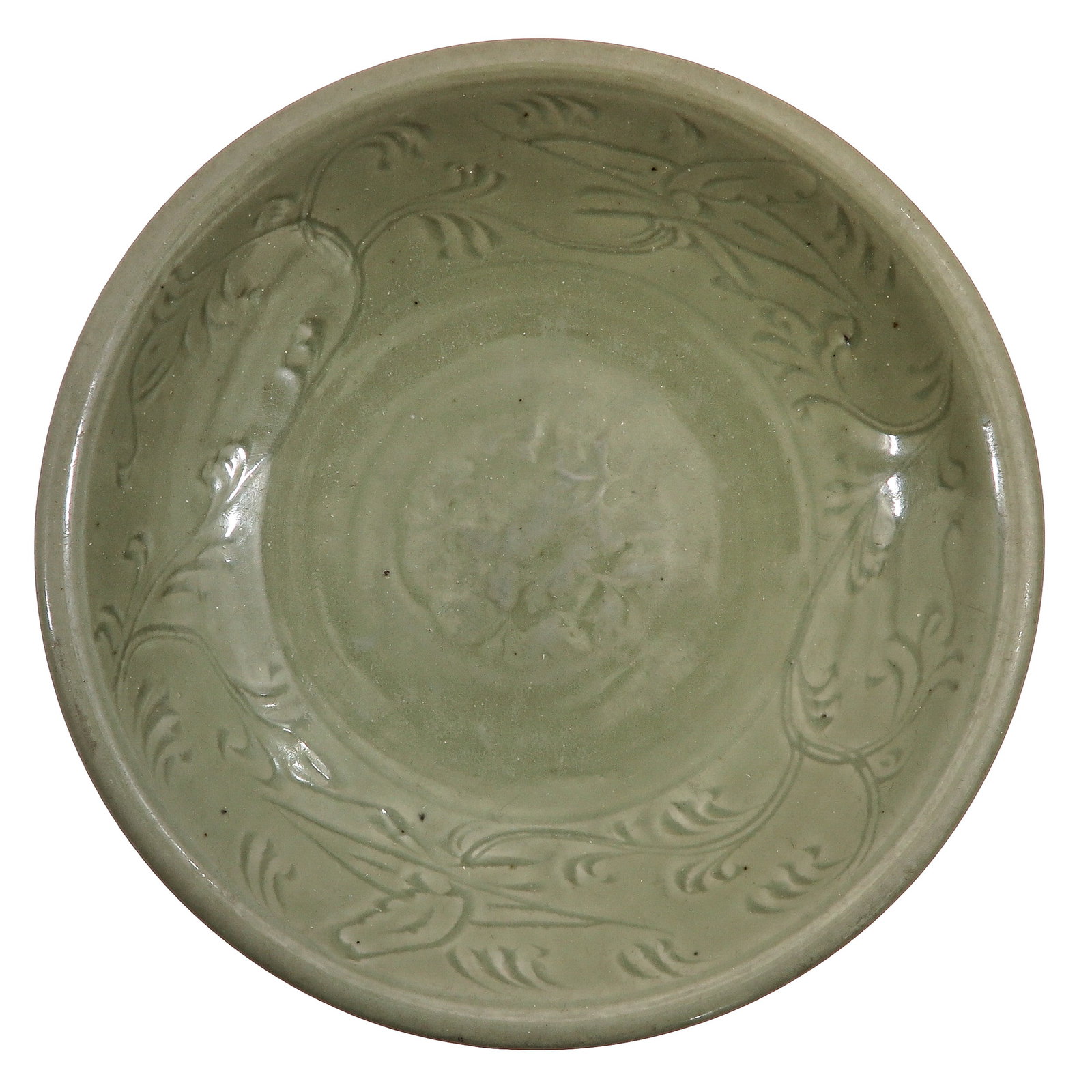 A Longquan Celadon Charger: Molded floral decoration, 32 cm in diameter.