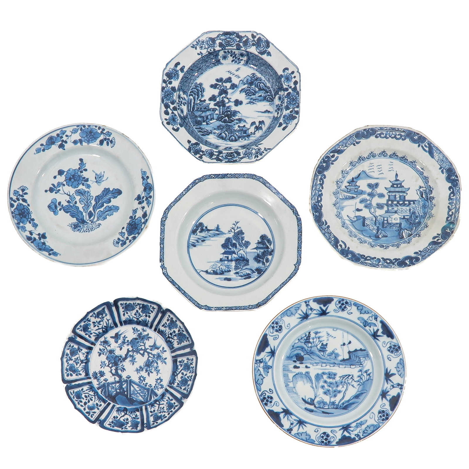 A Group of 6 Blue and White Plates: Decorated with floral motifs and river landscapes with paviliions, 18th Century, 23 cm in diameter, in diverse conditions.