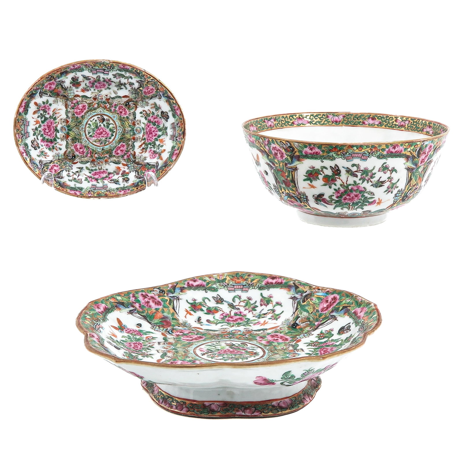 A Group of Cantonese Porcelain: Comprising of a bowl, a dish and a footed dish, decorated with Famille Rose enamels depicting flowers, birds and butterflies, 19th Century, footed dish is 23 cm in diameter.