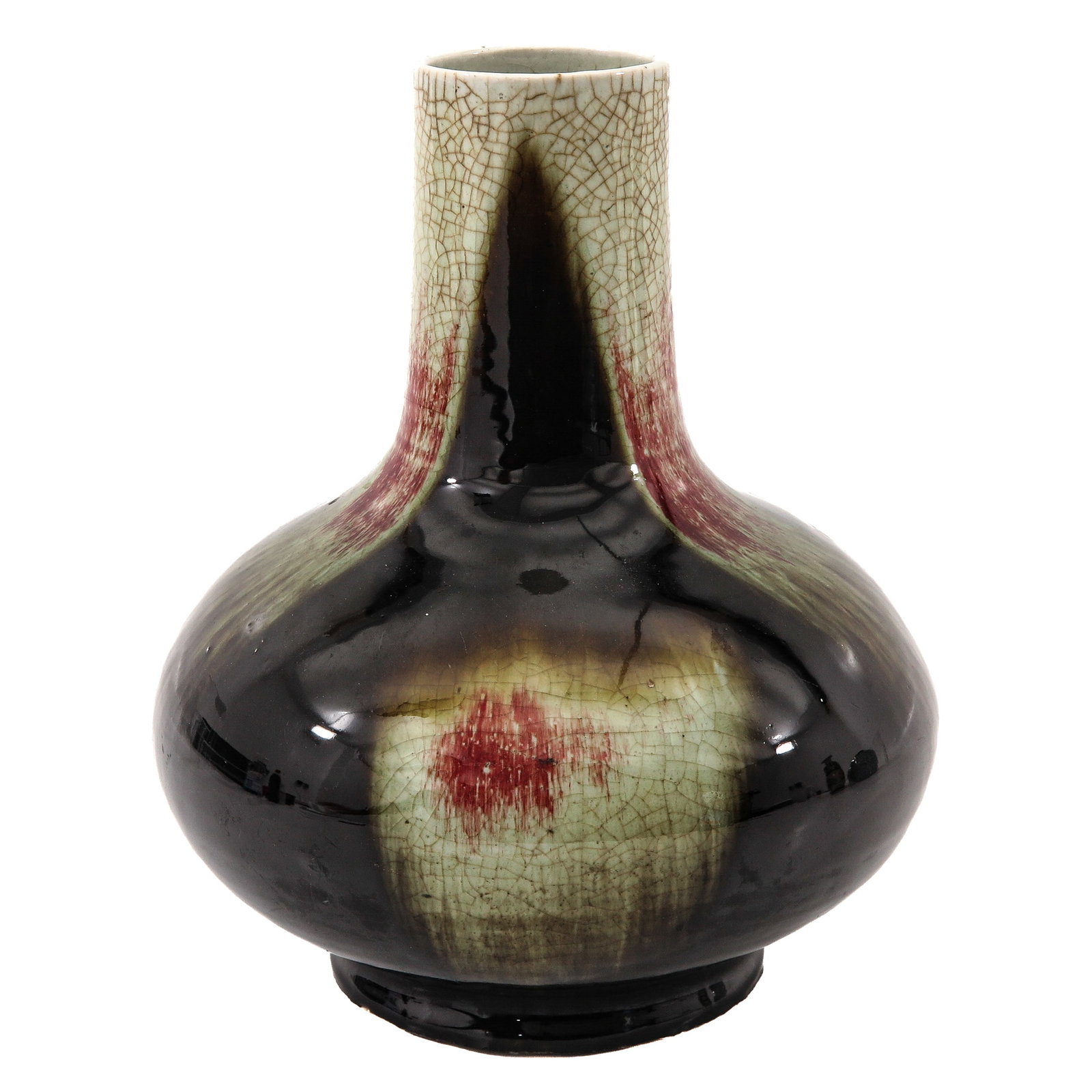 A Flambé Vase: Flambé glaze in tones of black, cream, and oxblood red, 29 cm tall