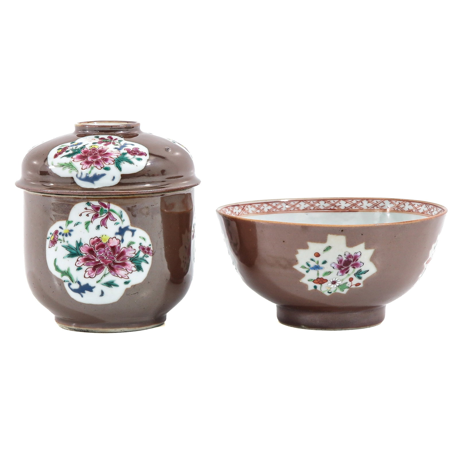 A Batavianware Jar with Cover and Bowl: decorated with floral scenes in Famille Rose enamels with cafe au lait ground, 18th Century, jar is 13 cm tall.