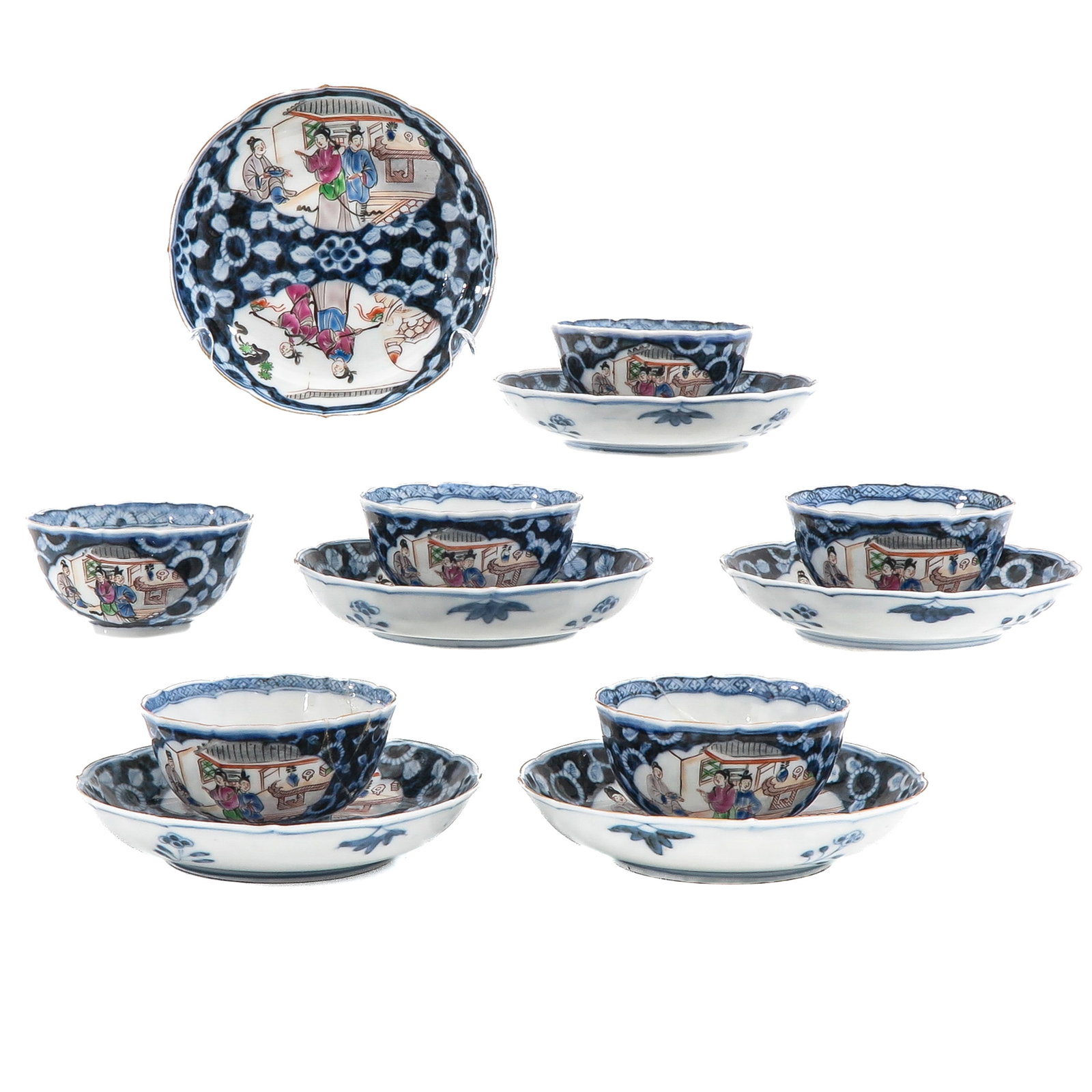 A Set of 6 Cups and Saucers: Famille Rose and underglaze blue ground, decorated with figures in interiors, 18th Century, saucers are 12 cm in diameter, in diverse conditions.