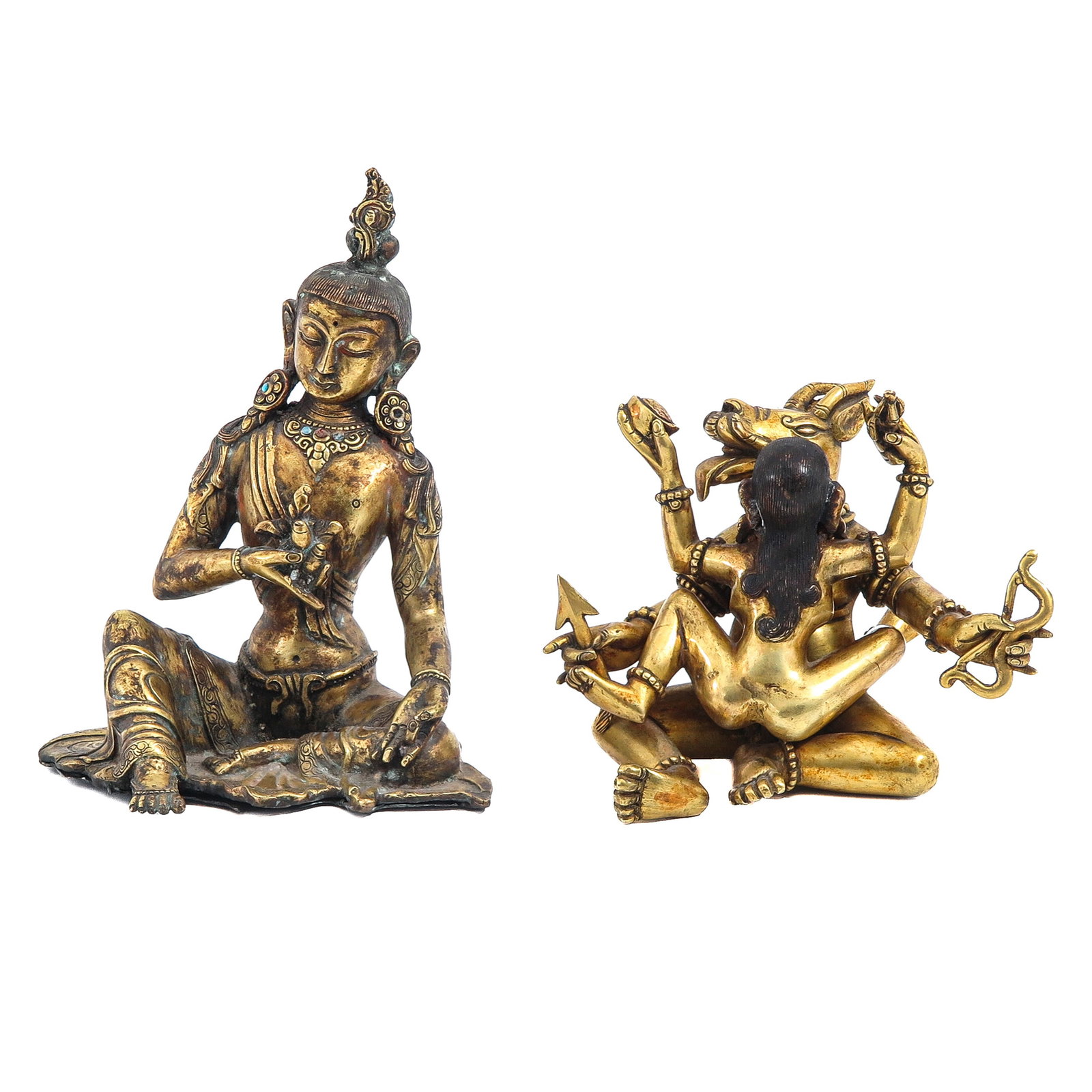 A Lot of 2 Gilt Bronze Tibetan Sculptures: Including sculpture in Yab-Yum pose, 10 cm tall.