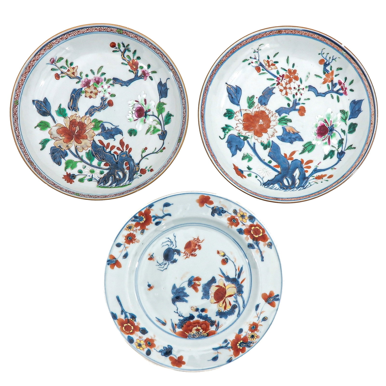 A Group of 3 Plates: Including an Imari palette with floral sprays and insects, 18th Century, 23 cm in diameter, chip and hairline.