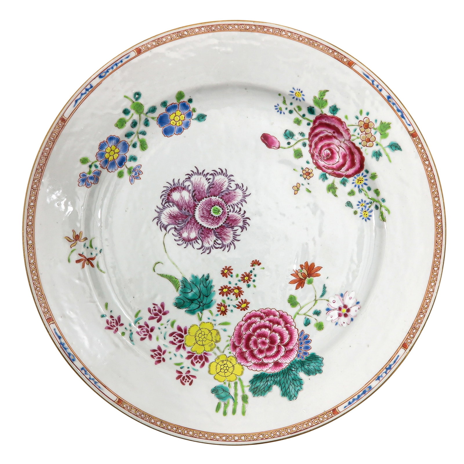 A Famille Rose Charger: Decorated with scattered floral sprays and a central floral scene within a narrow border, 18th Century, 31 cm in diameter,