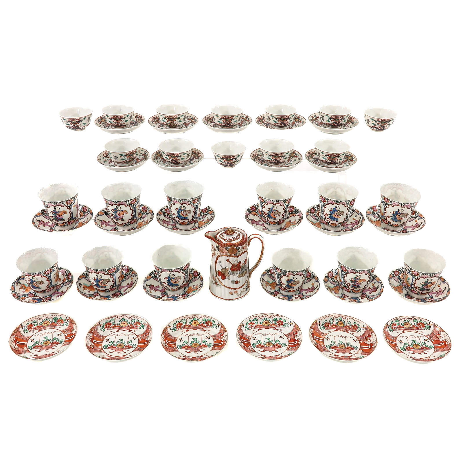 A Large Collection of Porcelain: Including a variety of cups and saucers and a teapot, 15 cm tall, in diverse conditions
