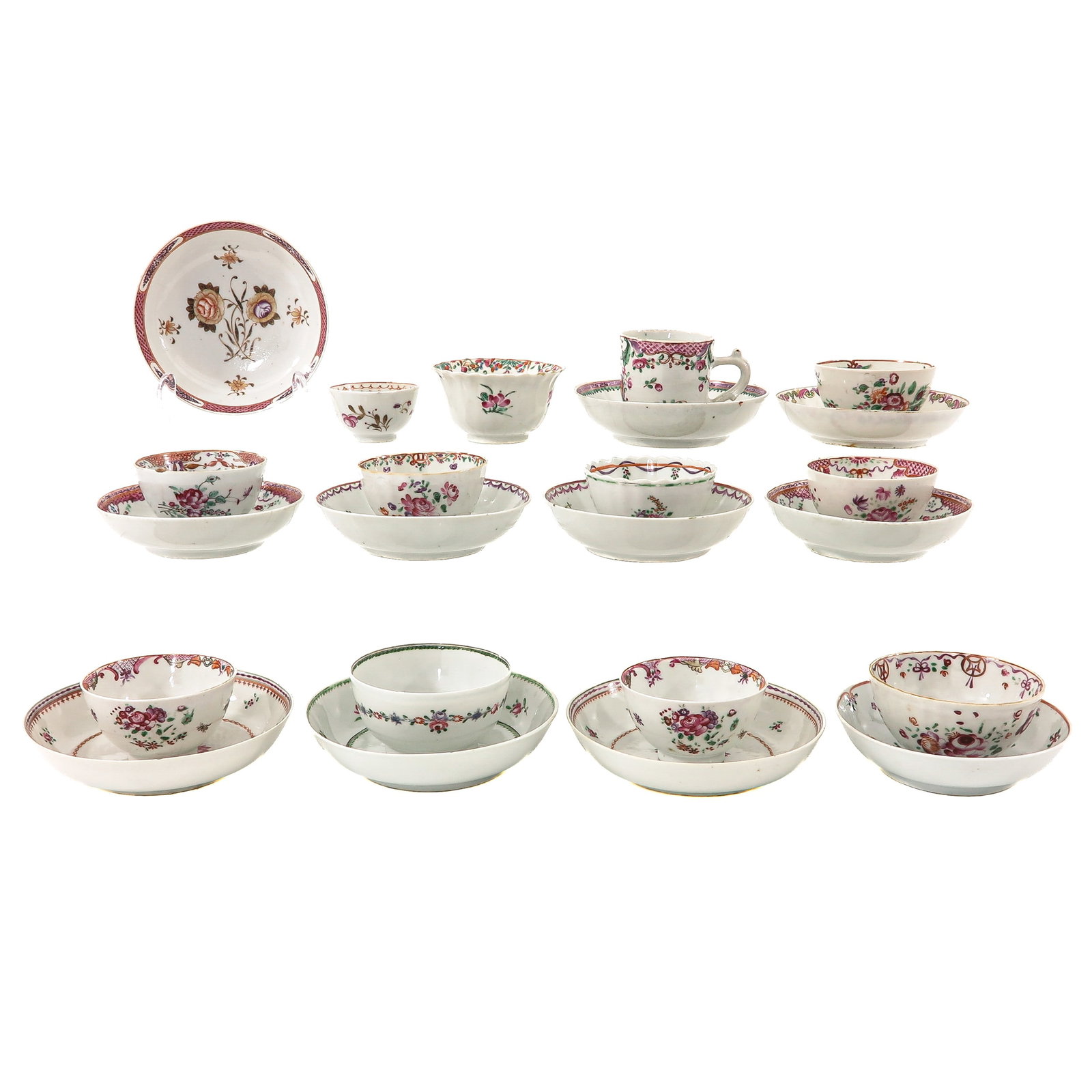 A Group of Famille Rose Cups and Saucers: Floral decor, including 18th Century, largest saucer is 14 cm in diameter, chip and hairline.