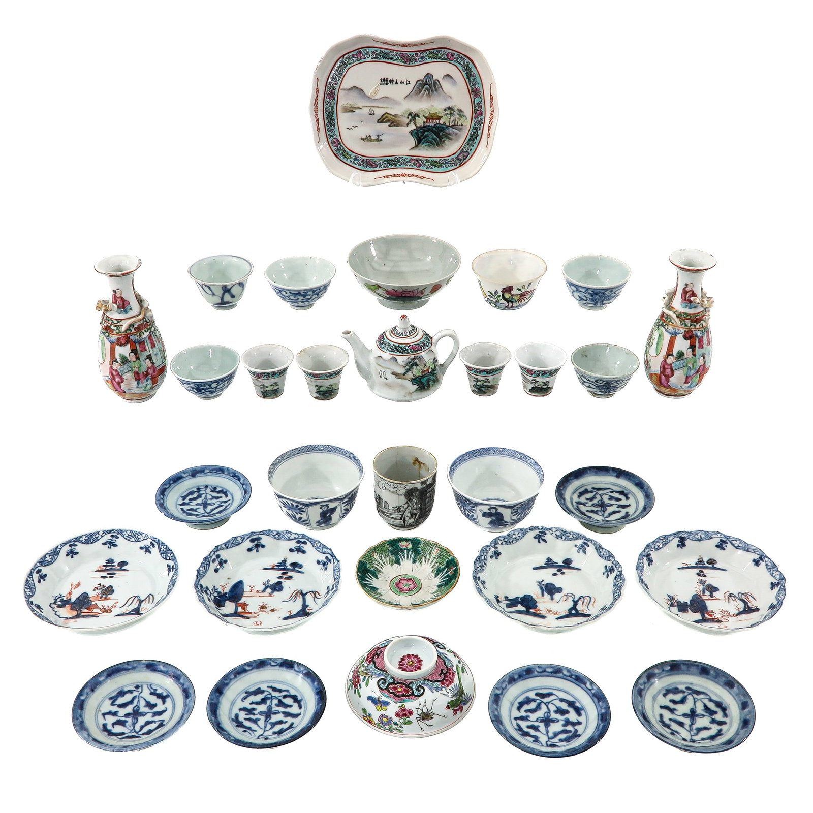 A Large Group of Porcelain: A variety of decors including cups, bowls, dishes, vases and teapot, including 18th Century, tray measures 17 x 13 cm