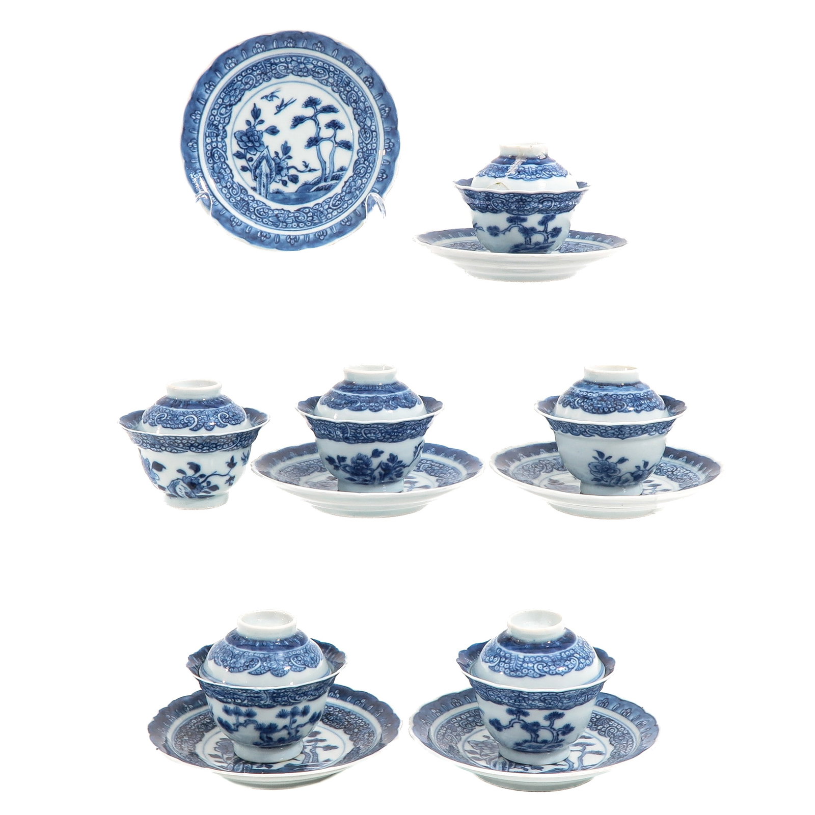 A Set of 6 Covered Cups and Saucers: Decorated with floral and landscape motifs, Qianlong Period, saucers are 12 cm in diameter, in diverse conditions.