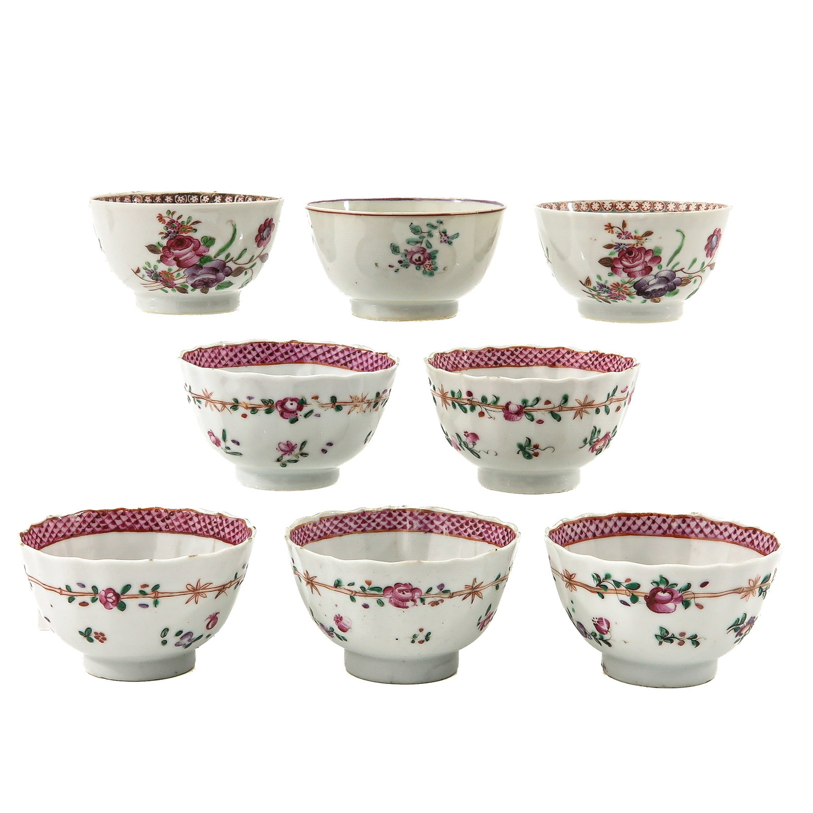 A Group of 8 Famille Rose Cups: Floral decors, including 18th Century, cups are 8 cm in diameter, chip and hairline.