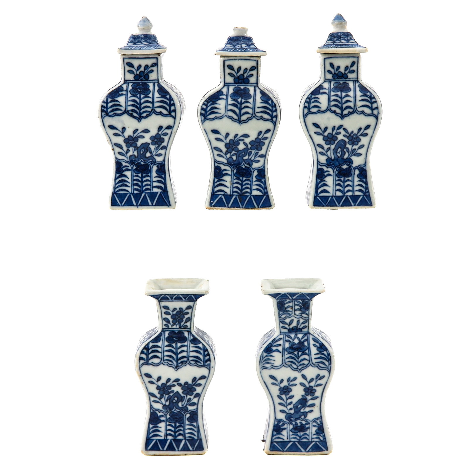 A Set of 5 Miniature Garniture Vases: Floral decor, 18th Century, 11 cm tall, in diverse conditions.