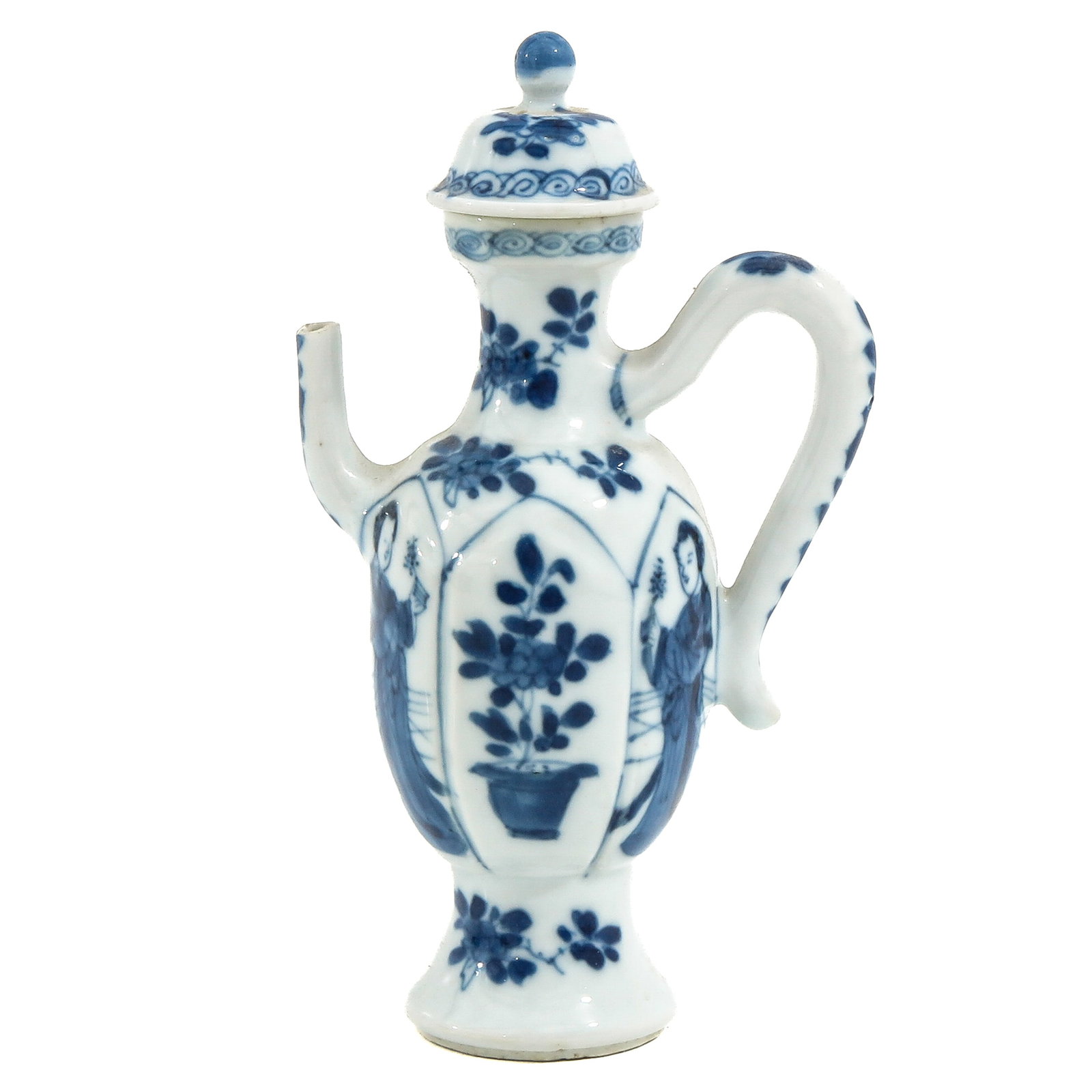 A Small Blue and White Wine Pitcher: Decorated with alternating scenes of flowers and Chinese ladies, Kangxi Period, 14 cm tall, with restorations.