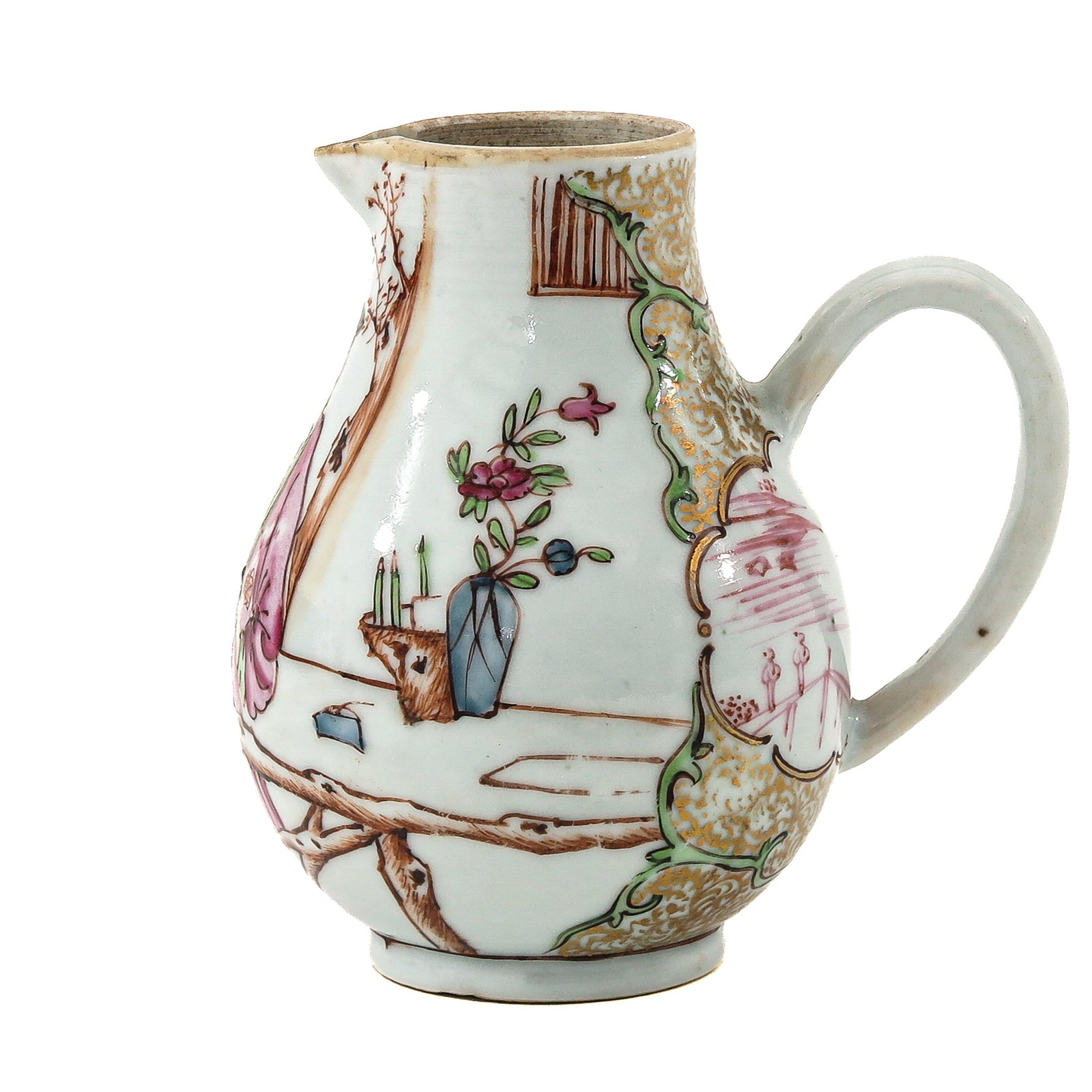 A Famille Rose Creamer: Mandarin decor depicting Chinese figures in a garden and landscape setting, 18th Century, 10 cm tall.