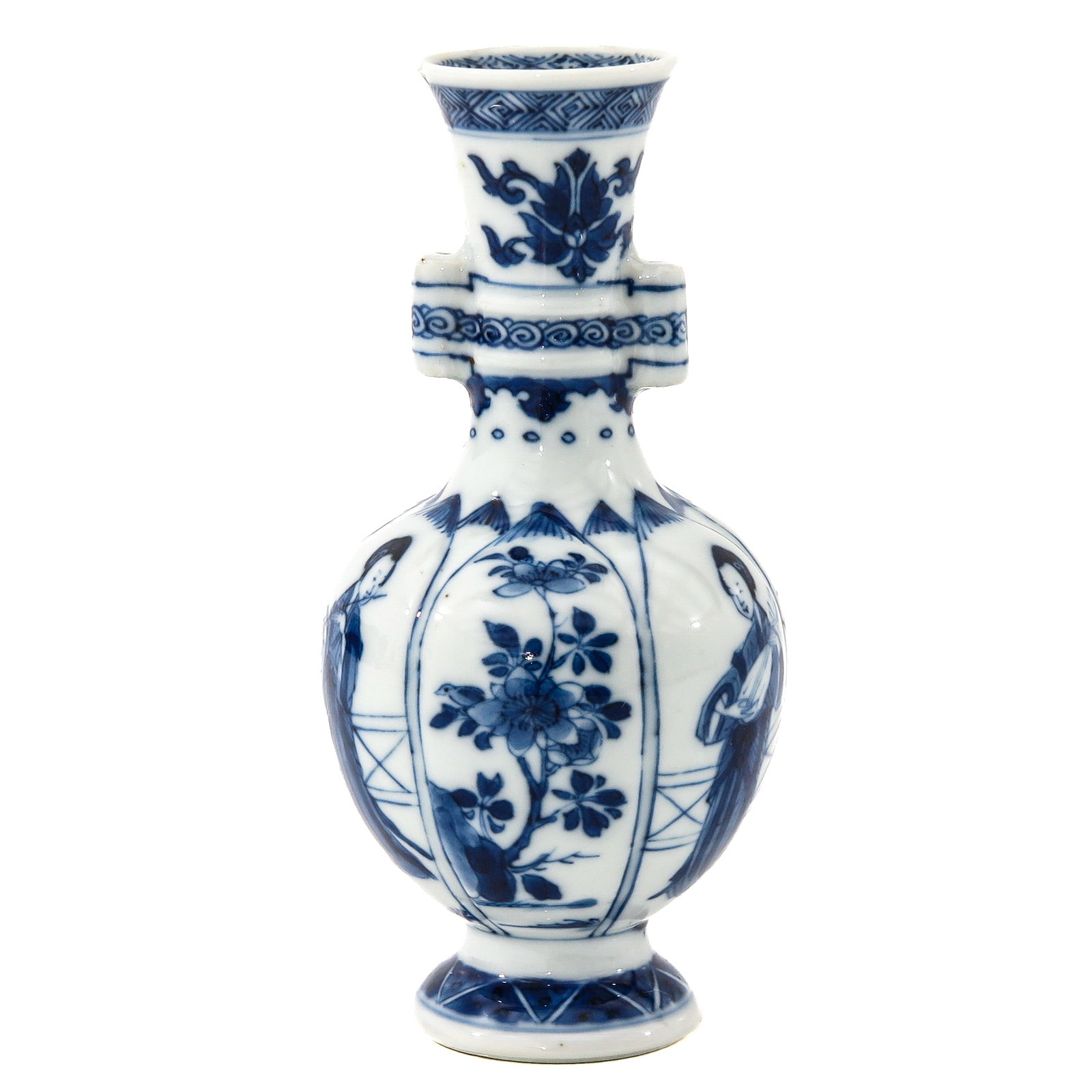 A Miniature Vase with 2 Cylinder Shaped Handles: Decorated with alternating scenes of flowers and Chinese ladies, Kangxi Period, 13 cm tall, small chip on rim.