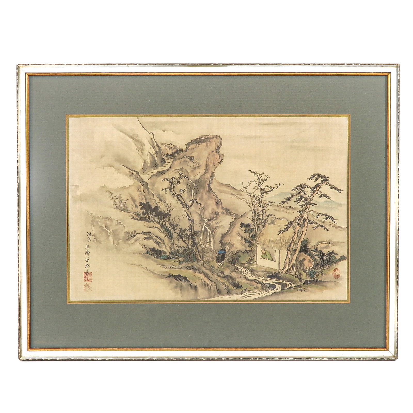 A Chinese Work of Art: Depicting landscape with figures and a dwelling, signed and sealed, 51 x 34 cm