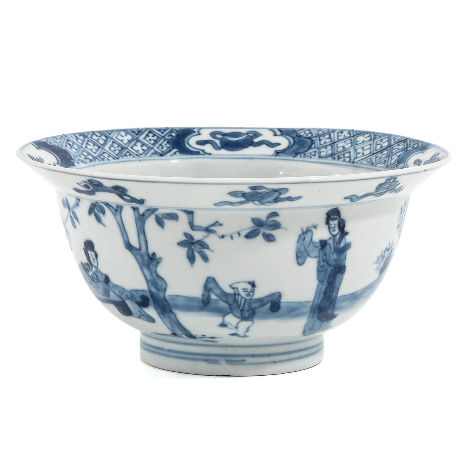 A Blue and White Flared Rim Bowl: Decorated with continuous scene of figures in a landscape, 18th Century, Chenghua mark, 16 cm in diameter, hairline.