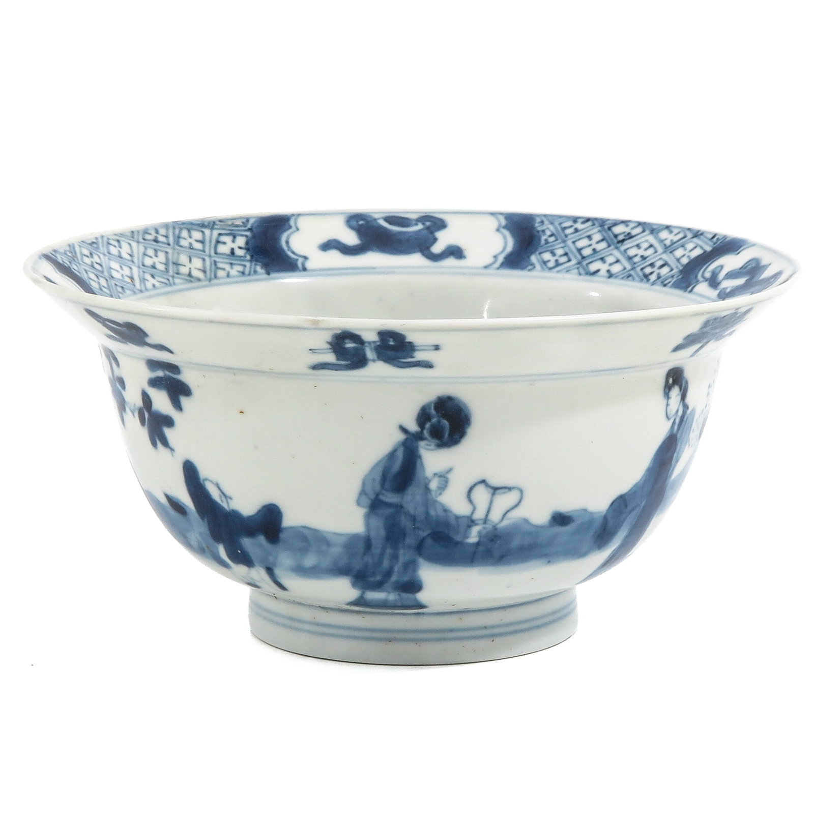 A Blue and White Flared Rim Bowl: Decorated with a continuous scene of figures in a landscape, the interior rim with a diaper pattern and emblem panels, Kangxi Period, Chenghua mark, 16 cm in diameter, restored