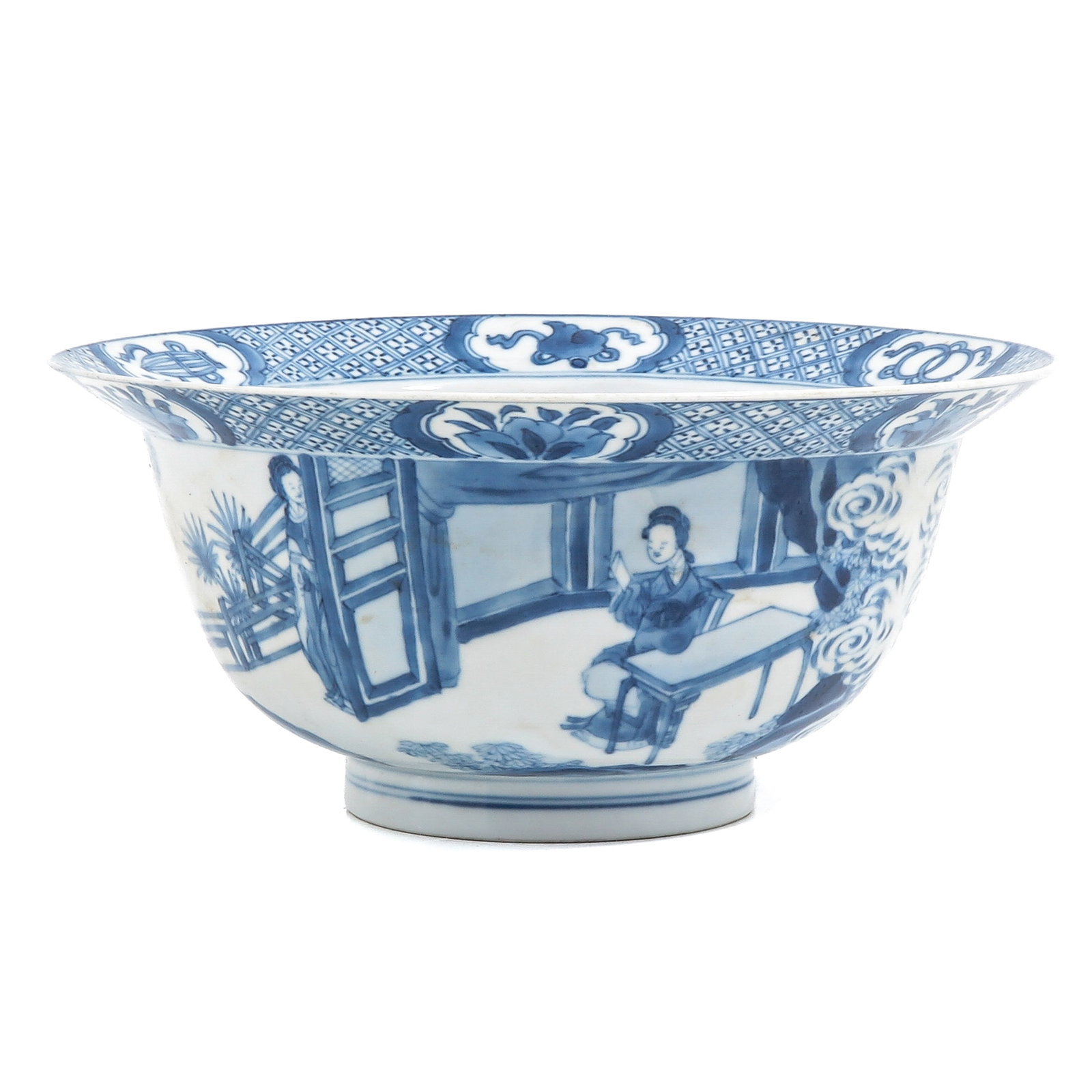 A Blue and White Flared Rim Bowl: Decorated with a continuous scene of figures in a pavilion, the rim with diaper pattern and medallion, Kangxi Period, Chenghua mark, 20 cm in diameter, chip and hairline.