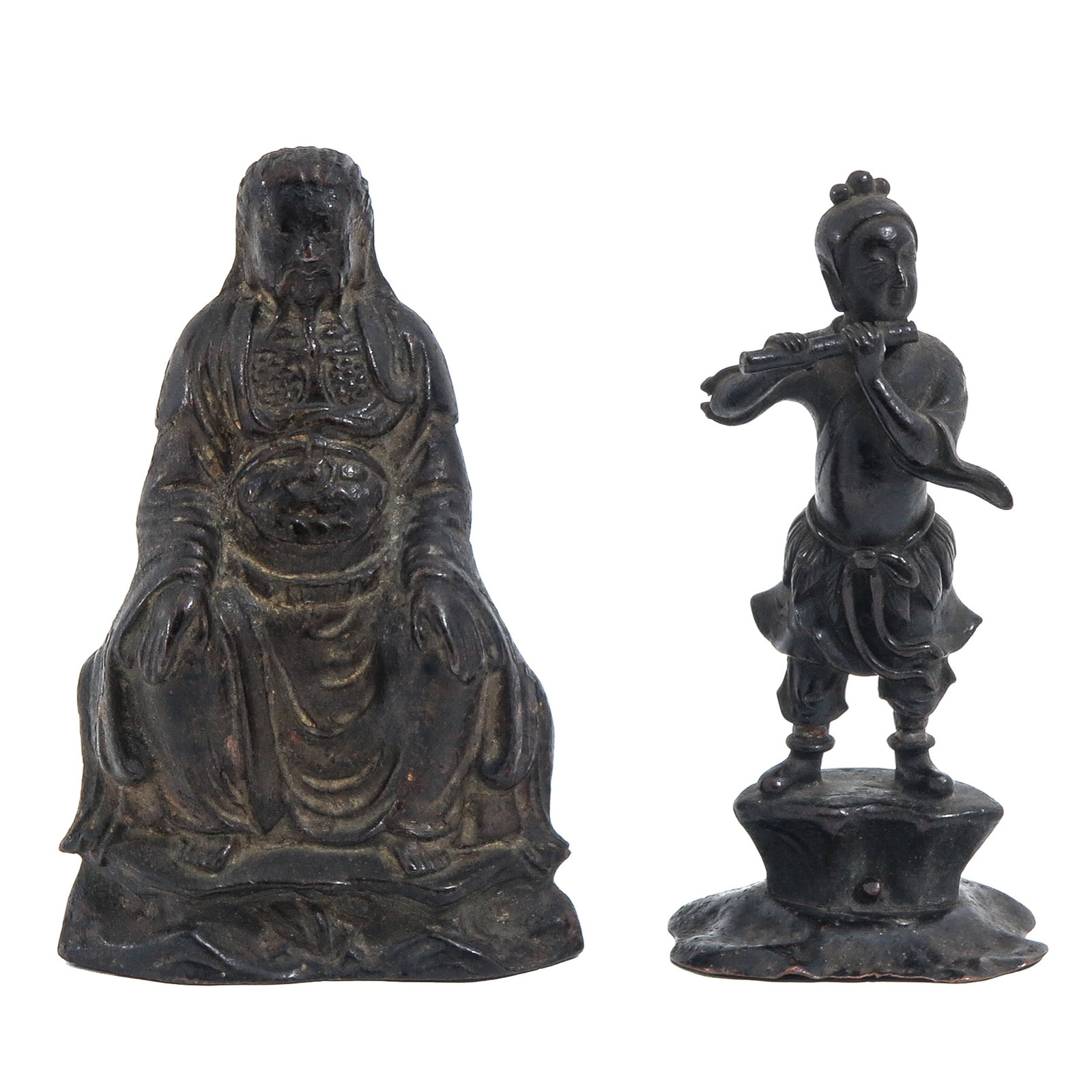 A Lot of 2 Bronze Sculptures: Including a seated immortal and a standing musician figure, 15 cm tall.