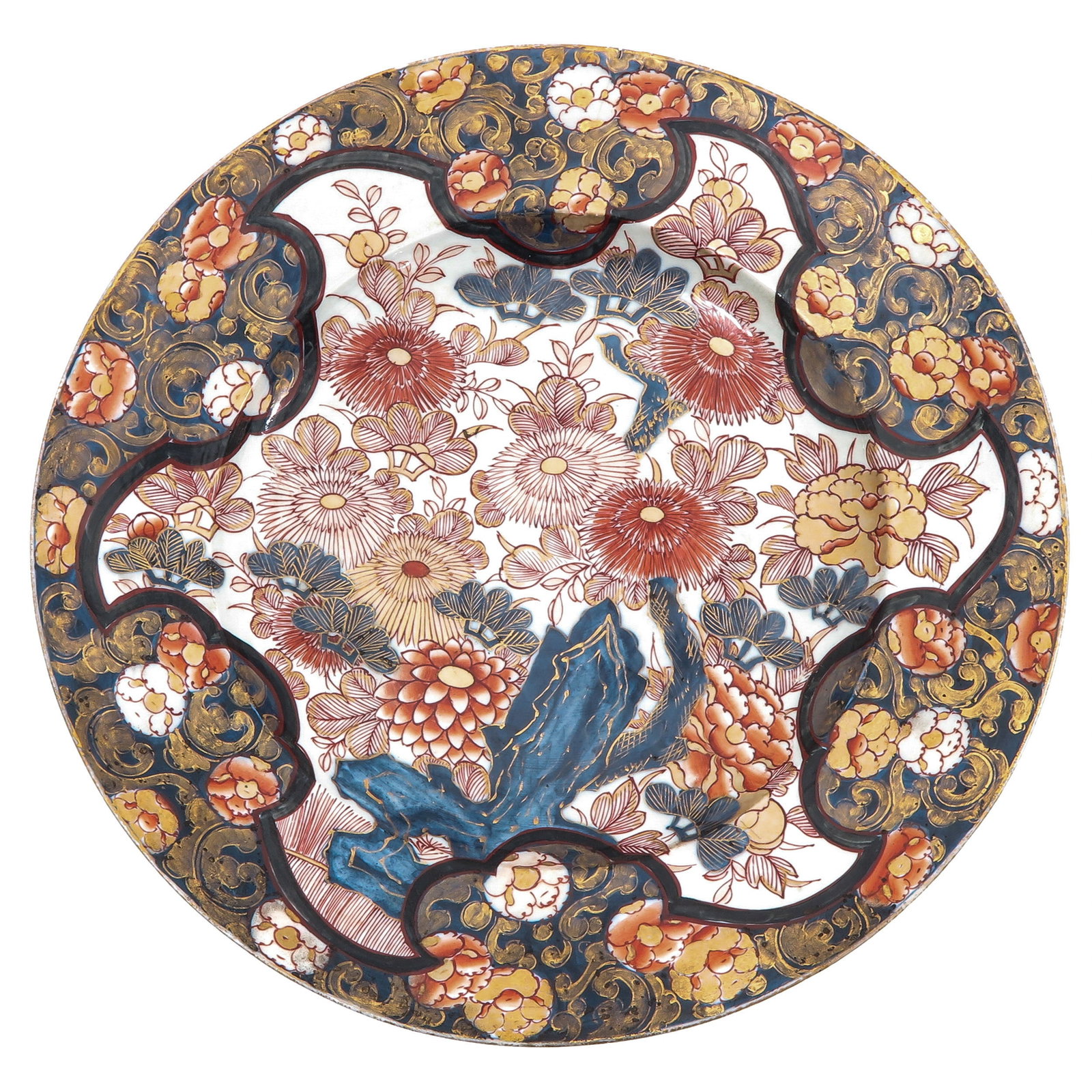 A Large Arita Charger: Decorated in deep blue, iron-red and gilt enamels depicting a garden scene with flowers, circa 1700, 40 cm in diameter, hairline.