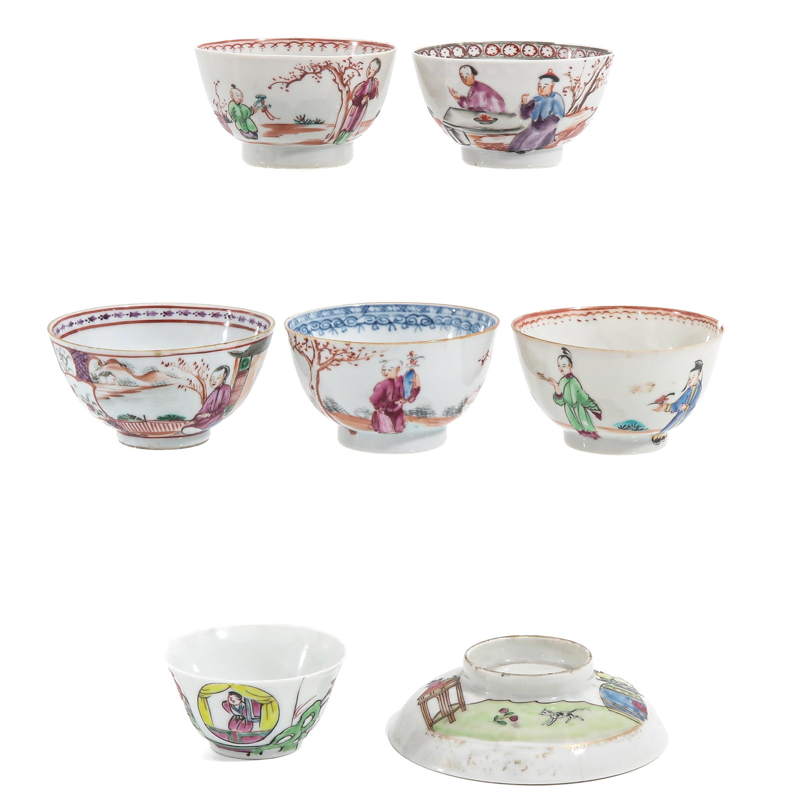 A Group of Famille Rose Porcelain: Including 6 cups and 1 cover, decorated with figures and landscape scenes, including 18th Century, cups are 11 cm in diameter, chip and hairline.