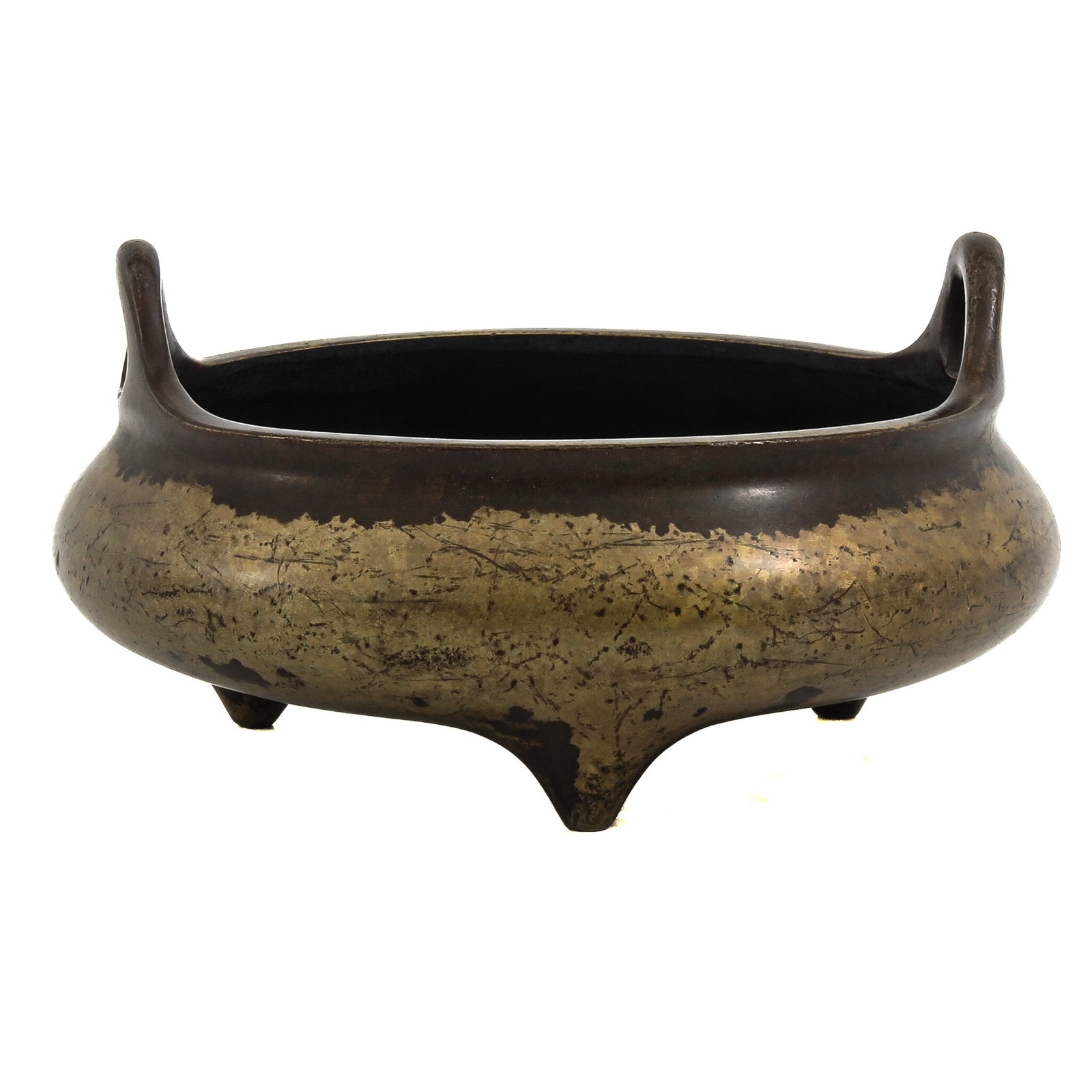 A Bronze Tripod Censer: Circular form, with upright loop handles and partialy gilt exterior, 18 cm in diameter.