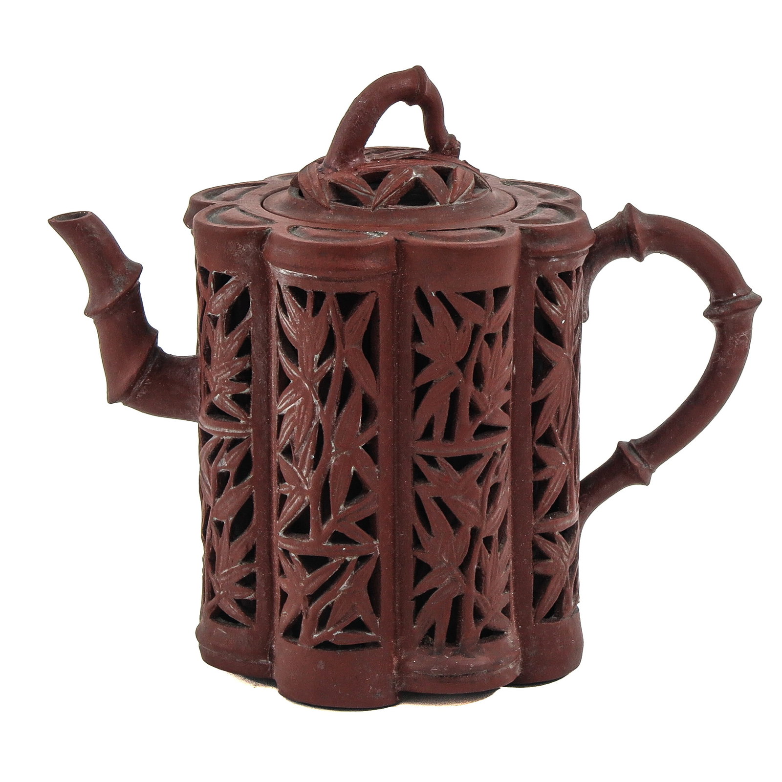 A Yixing Teapot: Openwork bamboo decor and bamboo-form handle and spout, 12 cm tall.