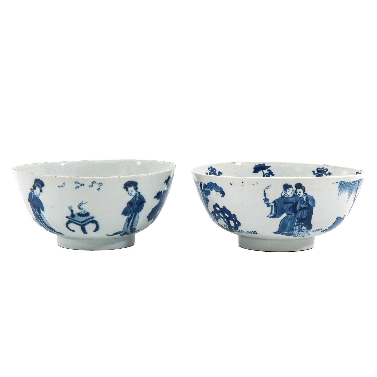 A Lot of 2 Blue and White Bowls: Decorated with figures in a garden landscape, 18th Century, Chenghua mark, 15 cm in diameter, chip and hairline.