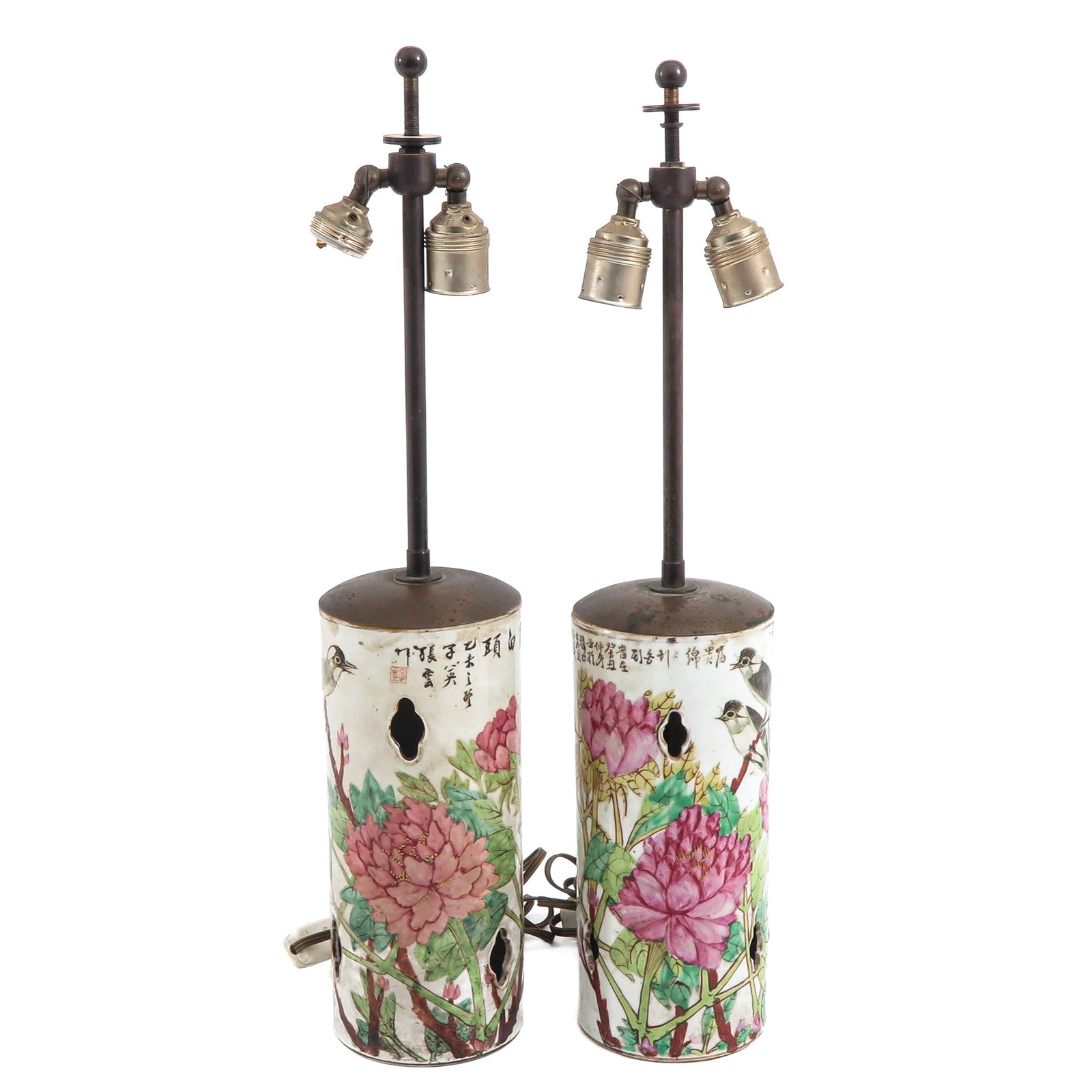 A Pair of Famille Rose Lamps: Decorated with peonies, birds and calligraphy, 62 cm tall, hairline.