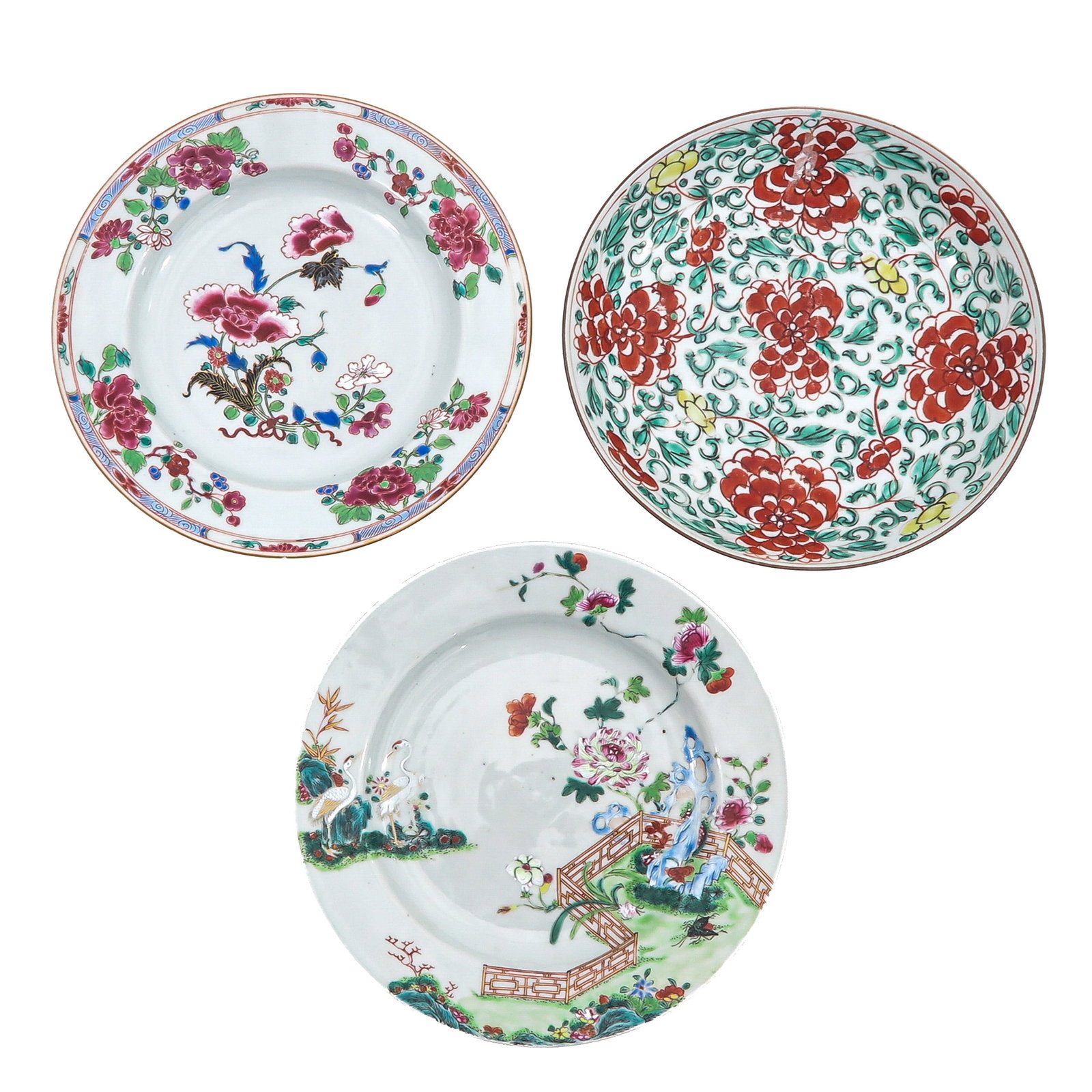 A Group of 3 Plates: Floral and garden decorations, 23 cm in diameter, including 18th Century, chip and hairline.