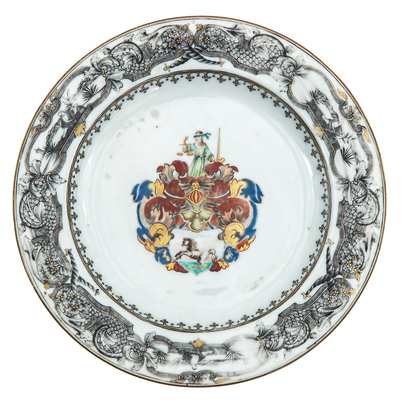 An Armorial Plate: Central coat of arms and a grisaille border with gilt highlights, 23 cm in diameter, hairline.