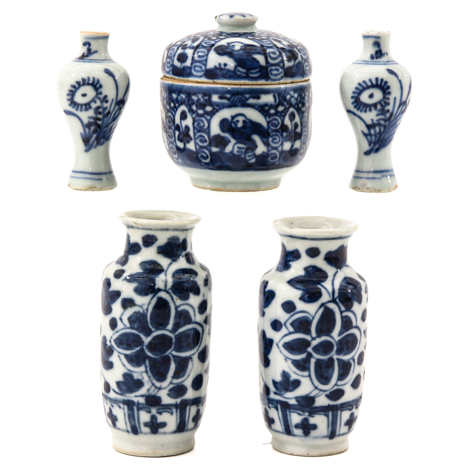 A Group of Porcelain: Including a small bowl with cover and 2 miniature vases, 18th Century, chip.