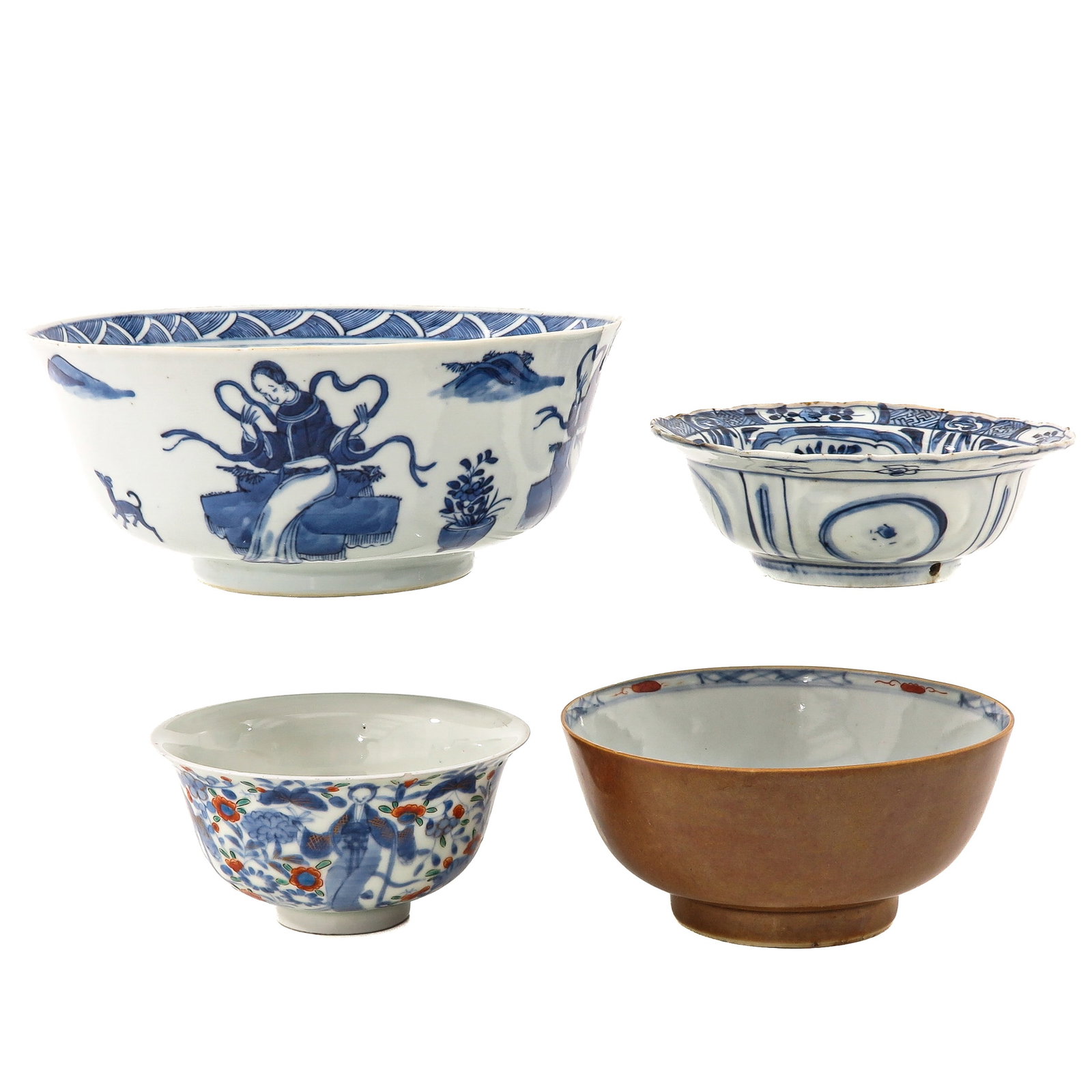A Group of 4 Bowls: In a variety of decors and sizes, including 18th Century and Wanli Period, largest bowl is 20 cm in diameter, with restorations.