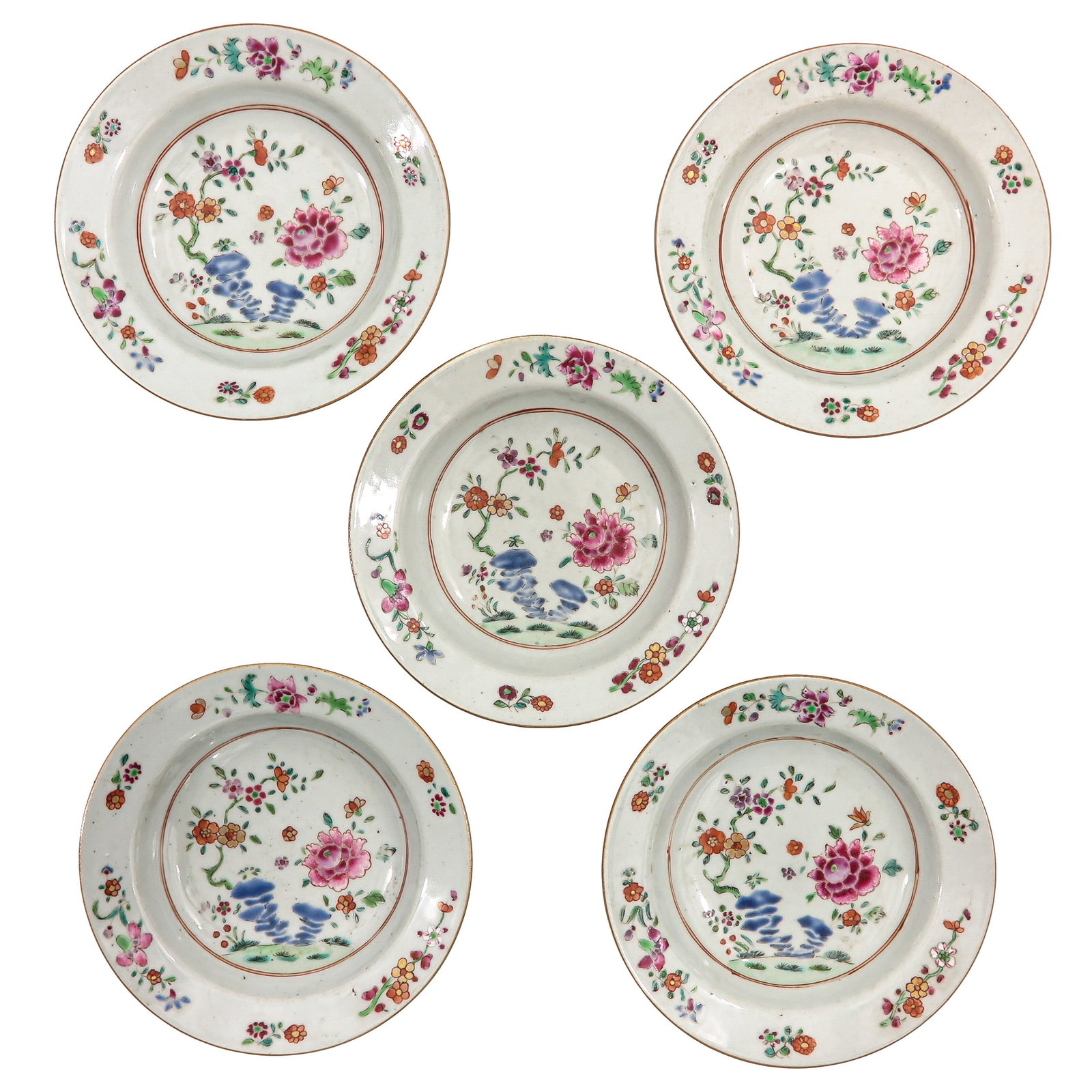 A Set of 5 Famille Rose Small Plates: Depicting flowers in a garden with floral spray border, plates are 16 cm in diameter, 18th Century.