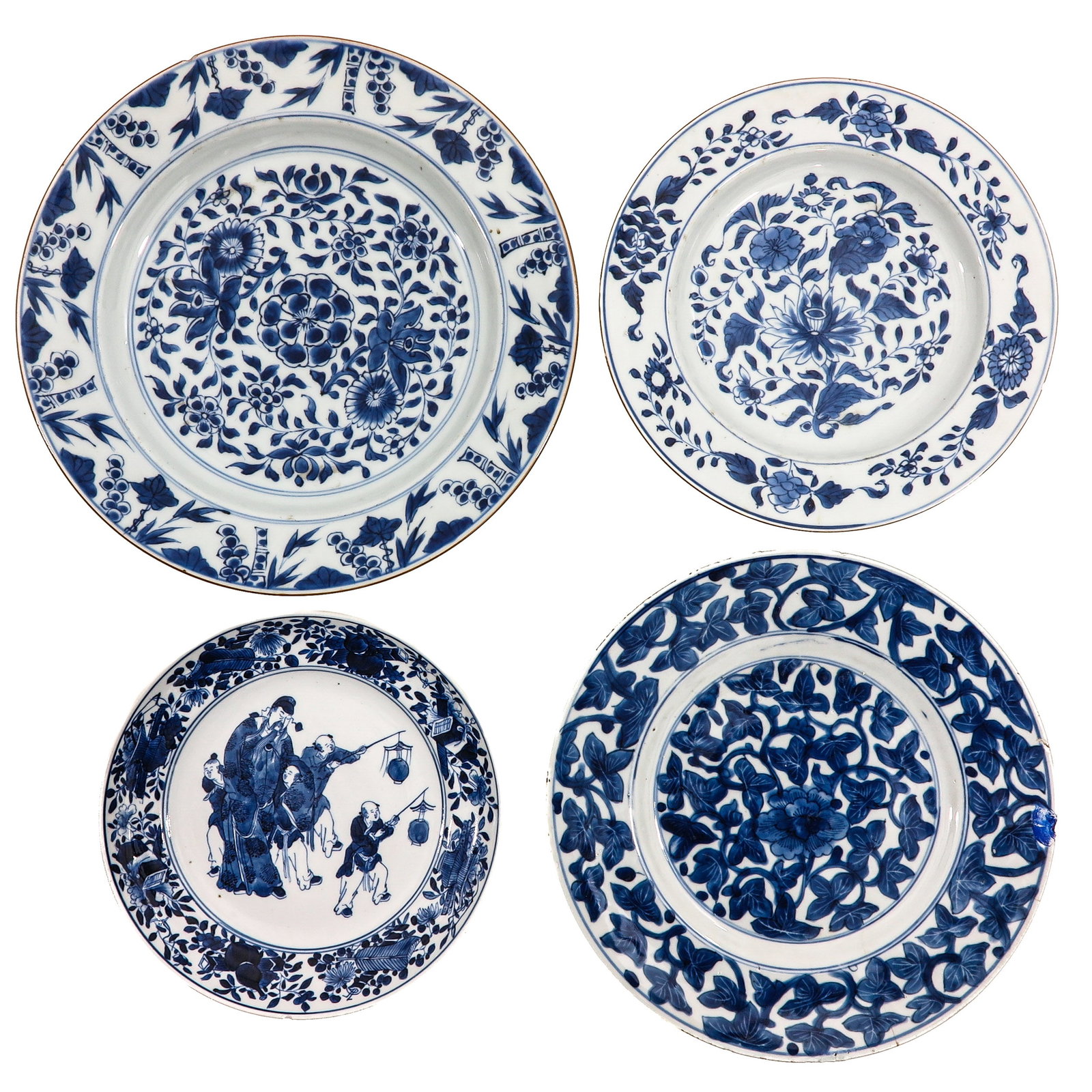 A Group of 4 Blue and White Plates: In a variety of decors including a dish decorated with an unusual scene with Chinese children parading with dignitary holding lanterns, including 18th Century, largest plate is 28 cm in diameter,