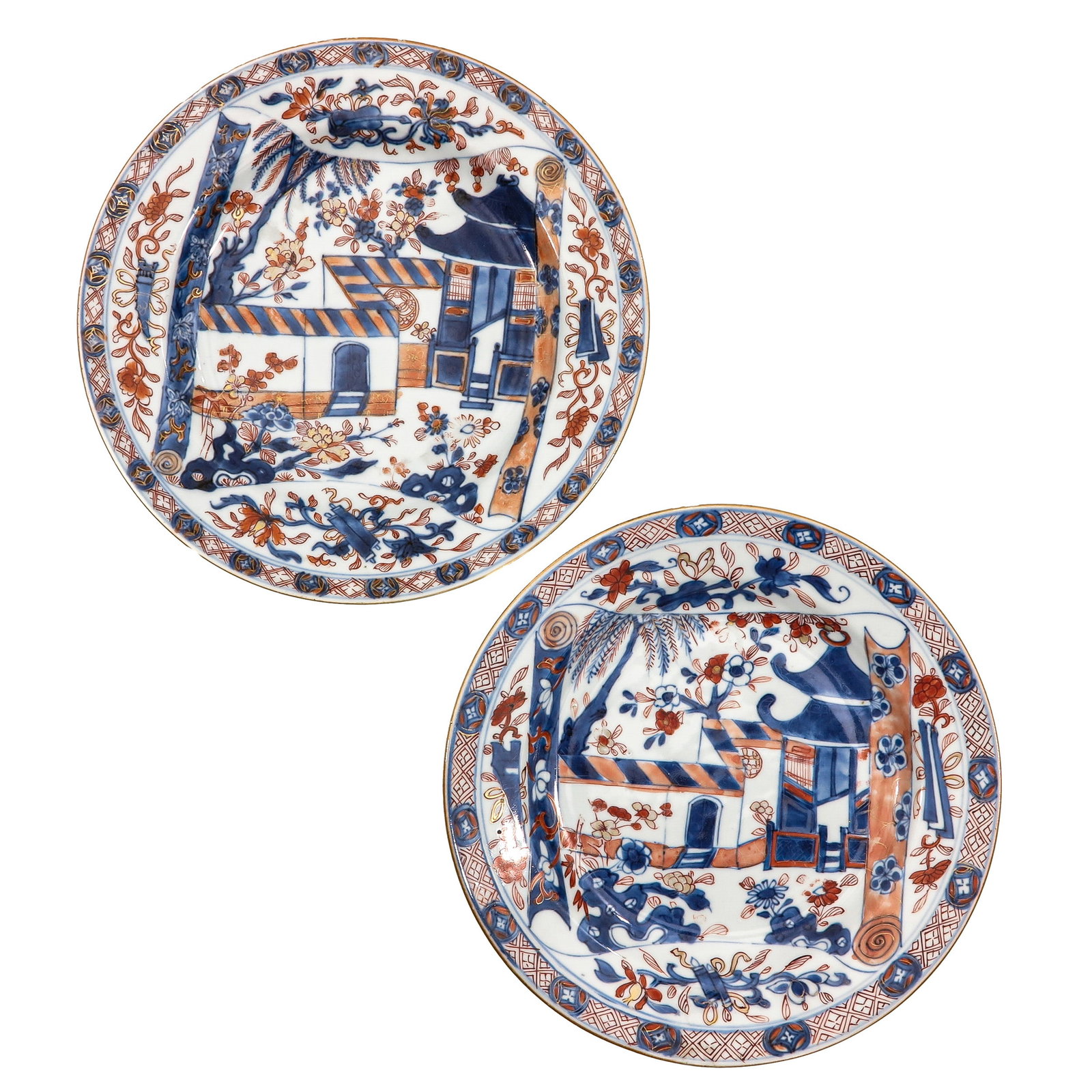A Lot of 2 Imari Plates: Scroll motif decorated with scene of an interior and garden, 18th Century, 23 cm in diameter, chip and hairline.