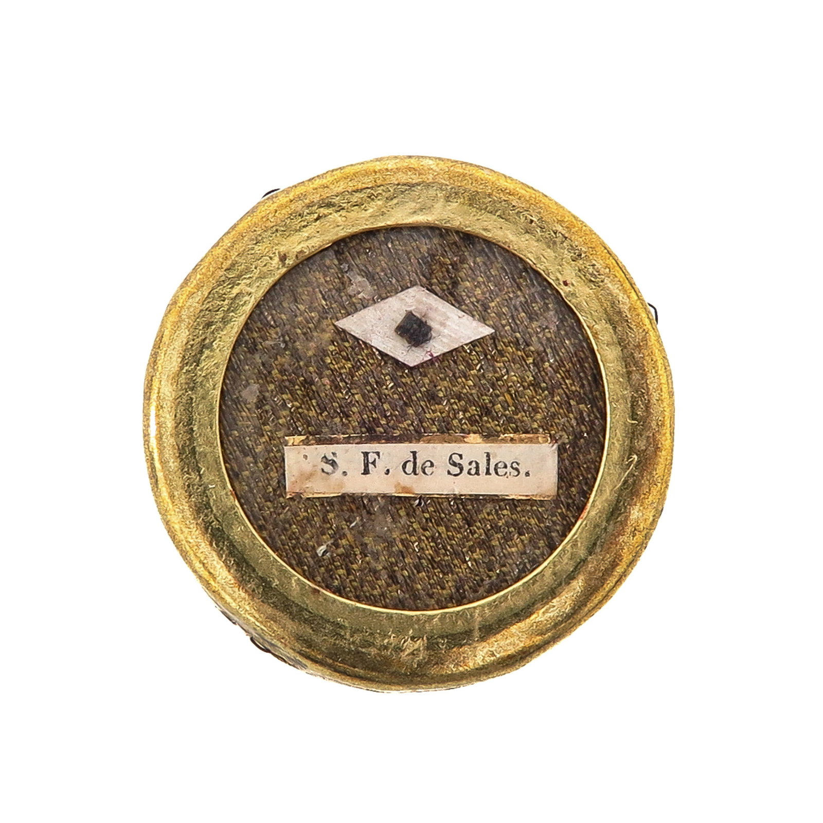 Sealed Theca: containing a relic of Saint Francis de Sales (bishop, patron of writers and journalists) with certificate, diameter 3 cm., you are purchasing the reliquary, the relics are a gift
